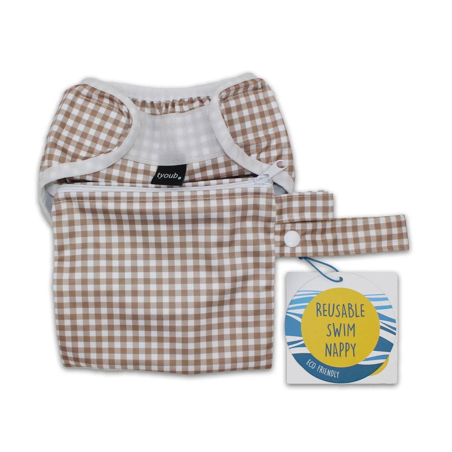 Adjustable Reusable Swim Nappy and Wet Bag - Fawn Gingham Check