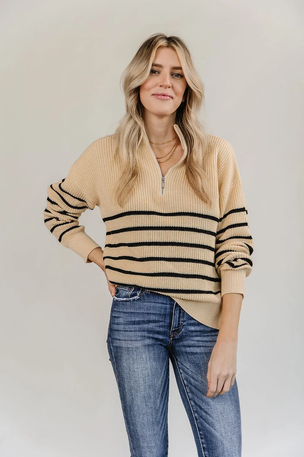 Ampersand Avenue - HalfZip Sweater Cream & Black Stripe