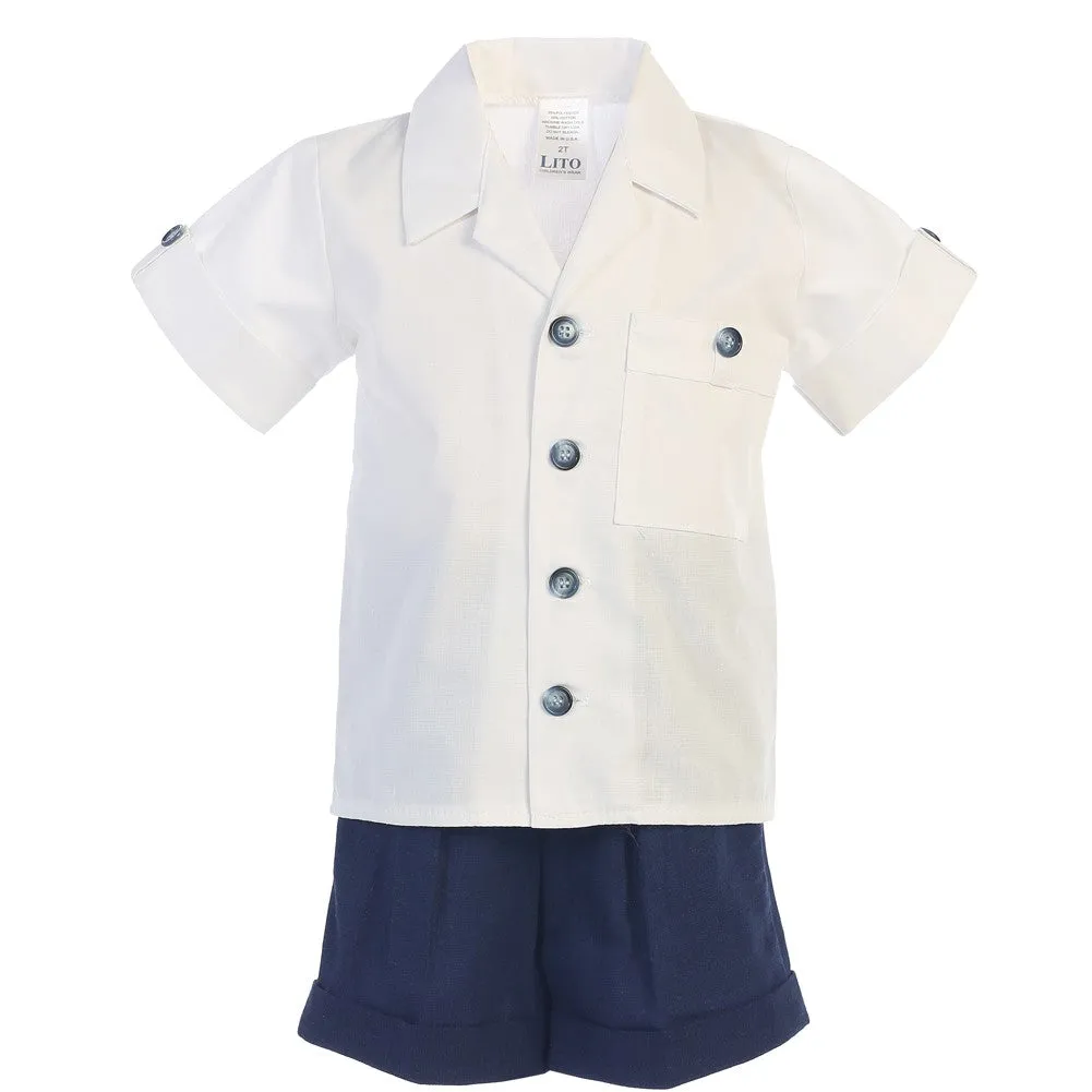 Baby Boys Navy White Poly Cotton Shirt Rayon Linen Shorts Set 3-24M