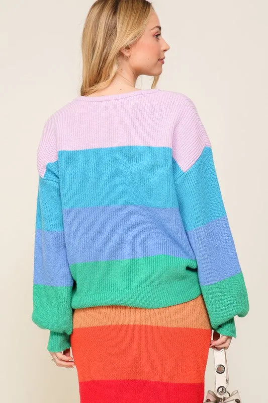 Bold Rainbow Stripe Oversized Chunky Knit Pullover