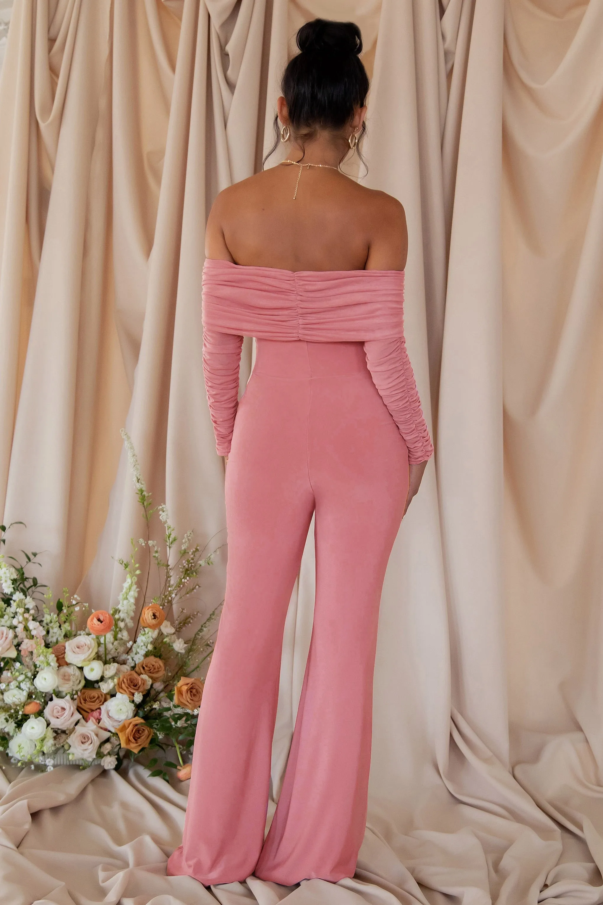 Count Down | Blush Pink Maternity Ruched Mesh Bardot Jumpsuit