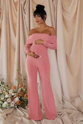 Count Down | Blush Pink Maternity Ruched Mesh Bardot Jumpsuit