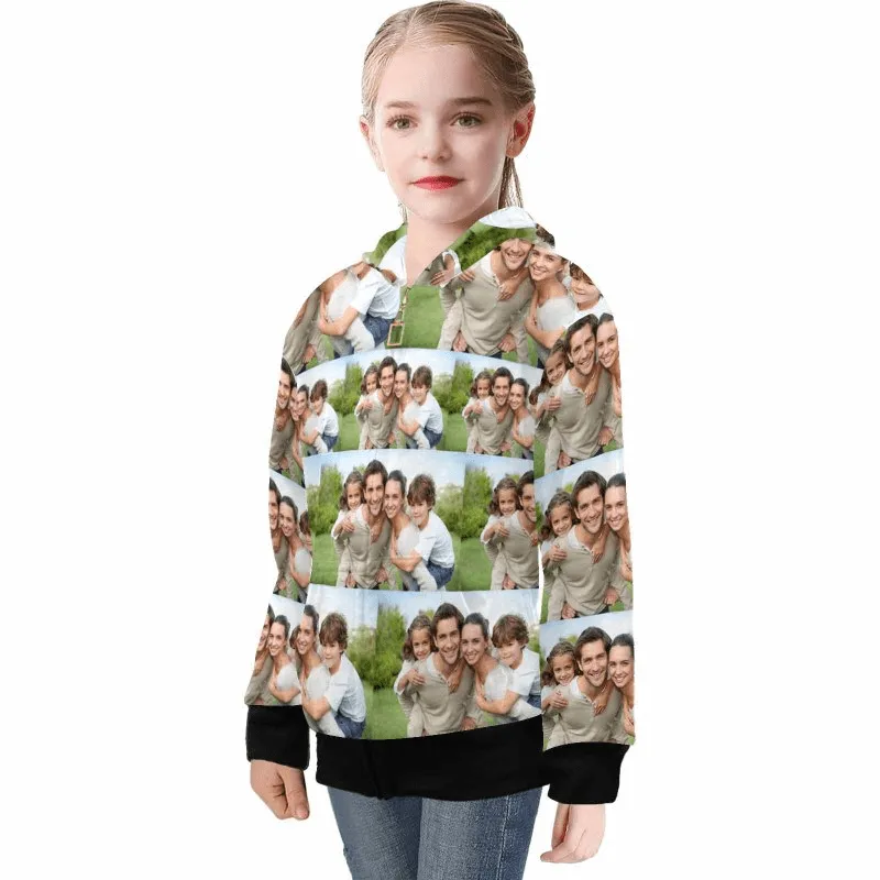 Custom Photo Stitching Kid's Long Sleeve Full Zip Hoodie for 2-15Y Personalized Hooded Loose Hoodie