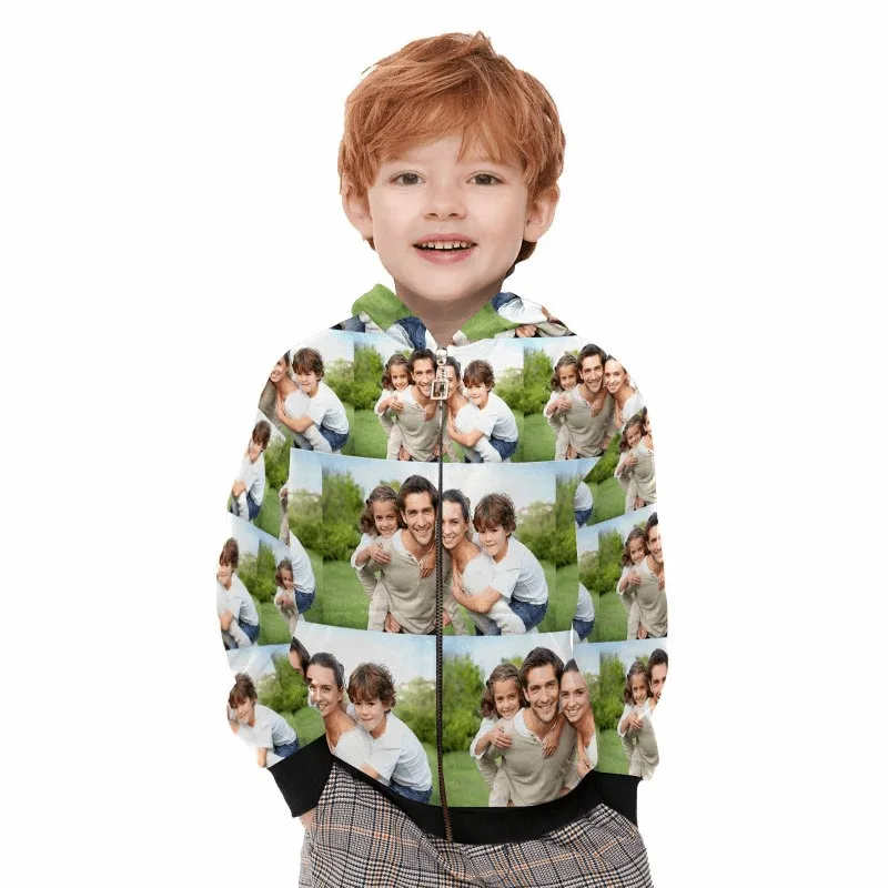 Custom Photo Stitching Kid's Long Sleeve Full Zip Hoodie for 2-15Y Personalized Hooded Loose Hoodie