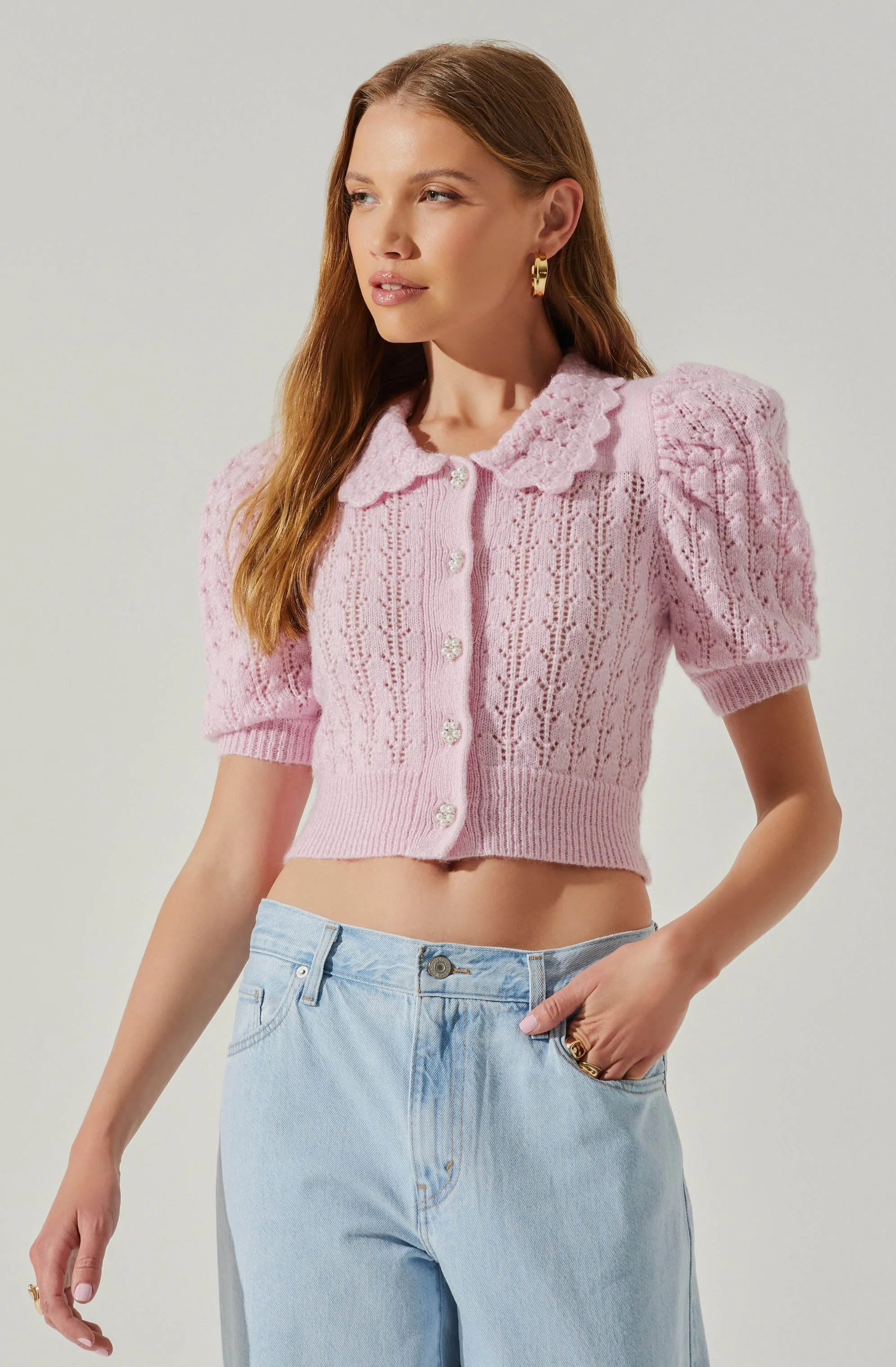 Dallyn Pointelle Collared Short Sleeve Sweater