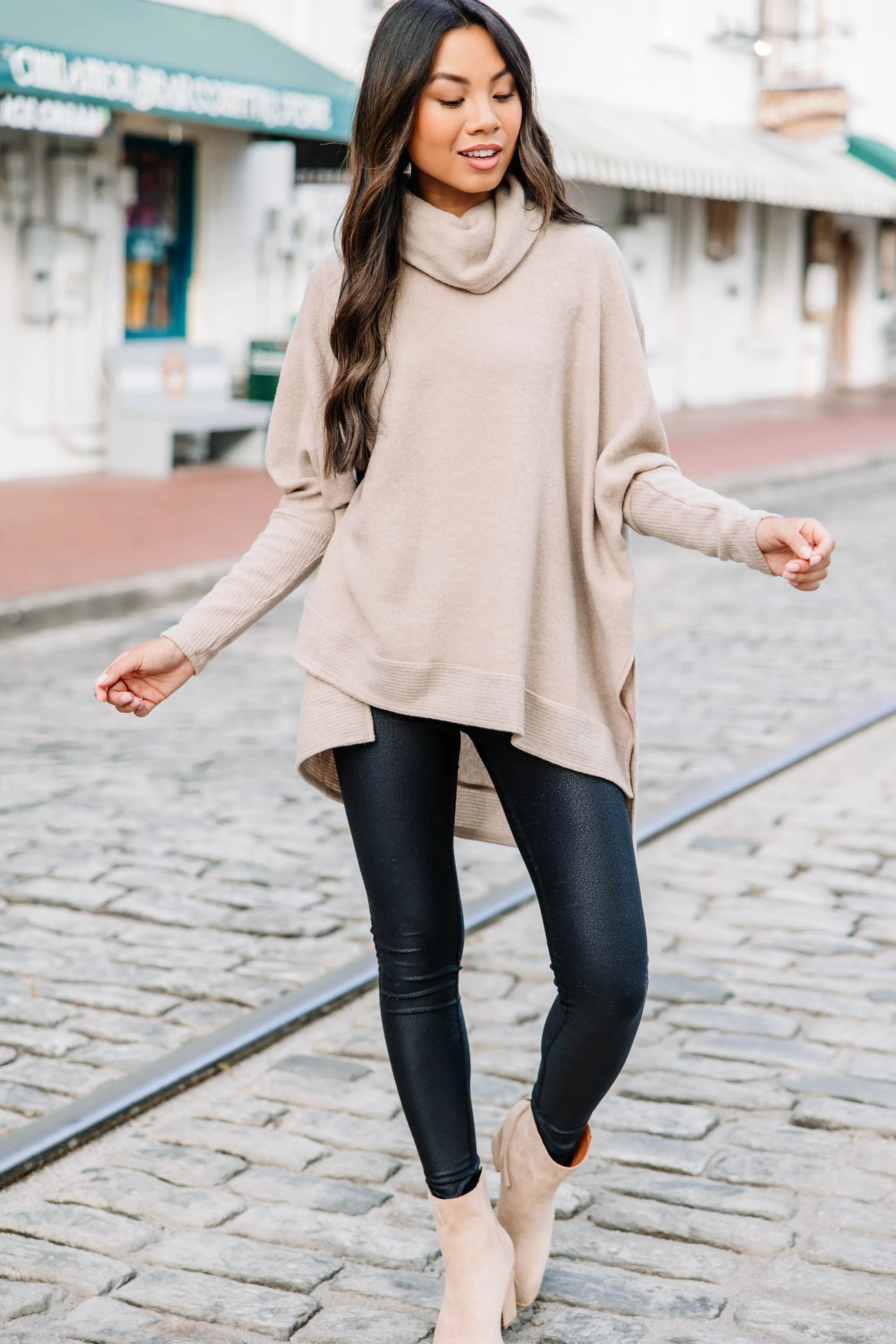 Feeling So Chipper Oatmeal Brown Cowl Neck Sweater