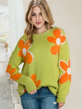 Flower Round Neck Dropped Shoulder Sweater