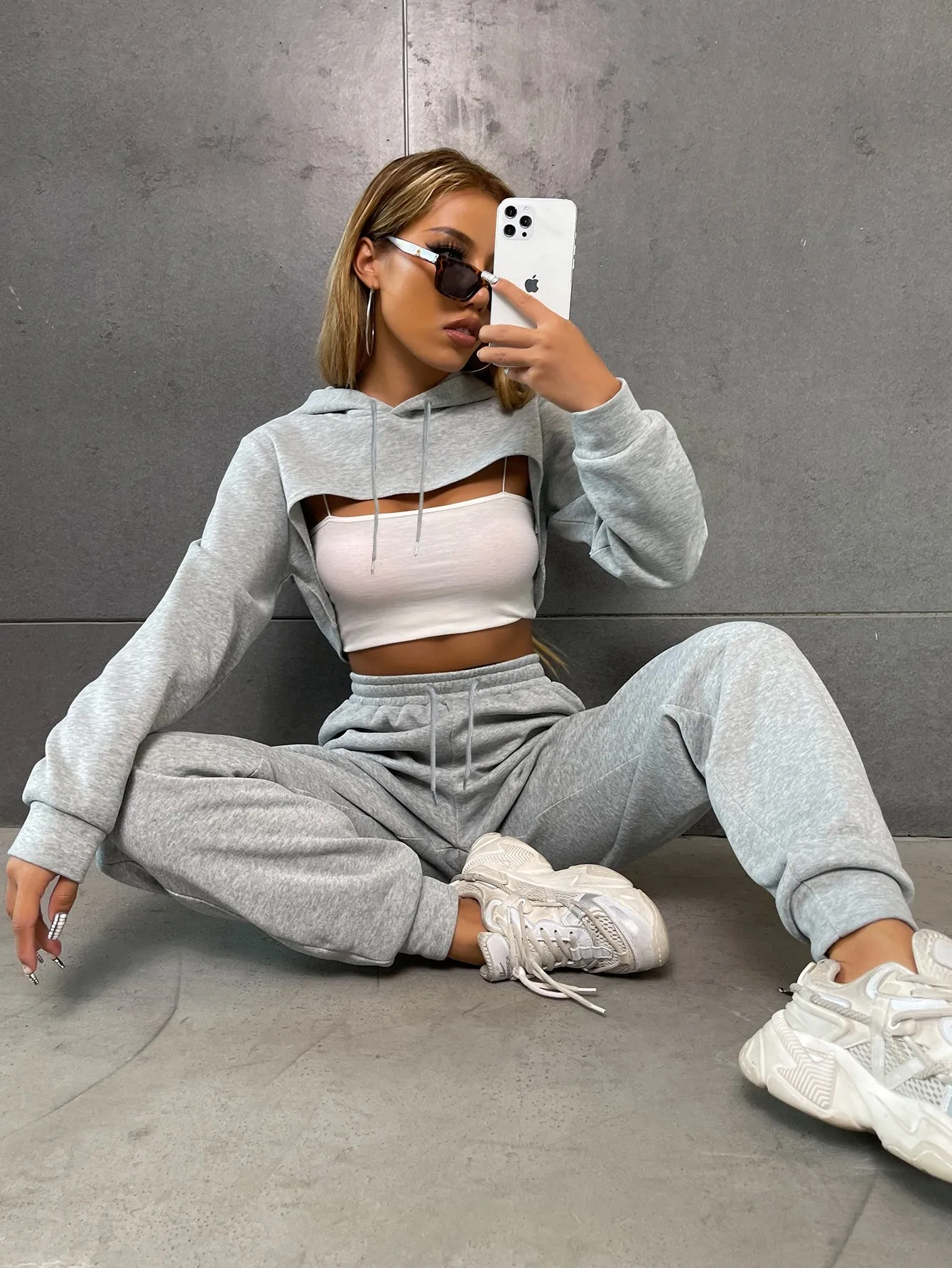 High Low Hem Drawstring Crop Hoodie Sweatpants