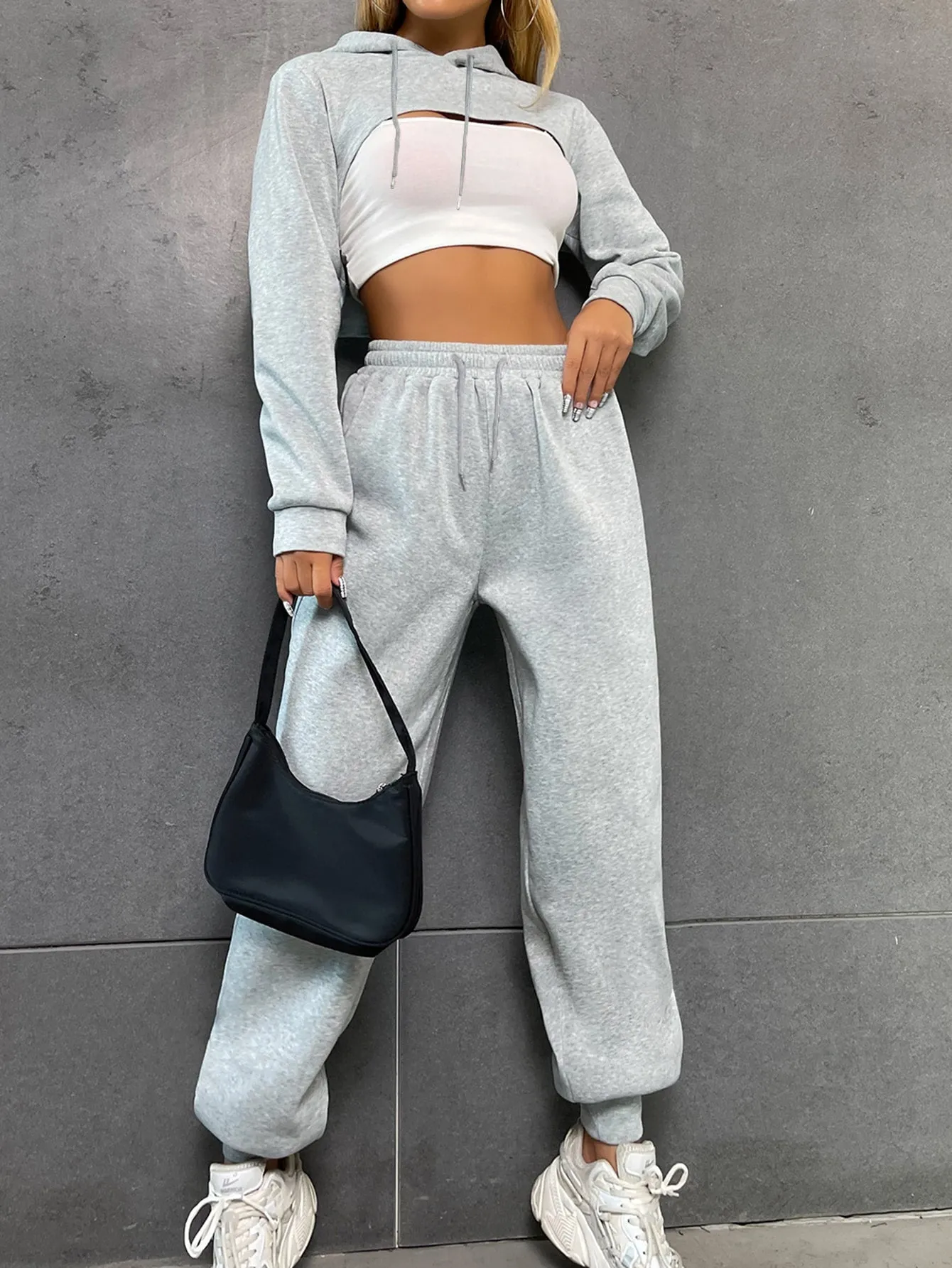 High Low Hem Drawstring Crop Hoodie Sweatpants