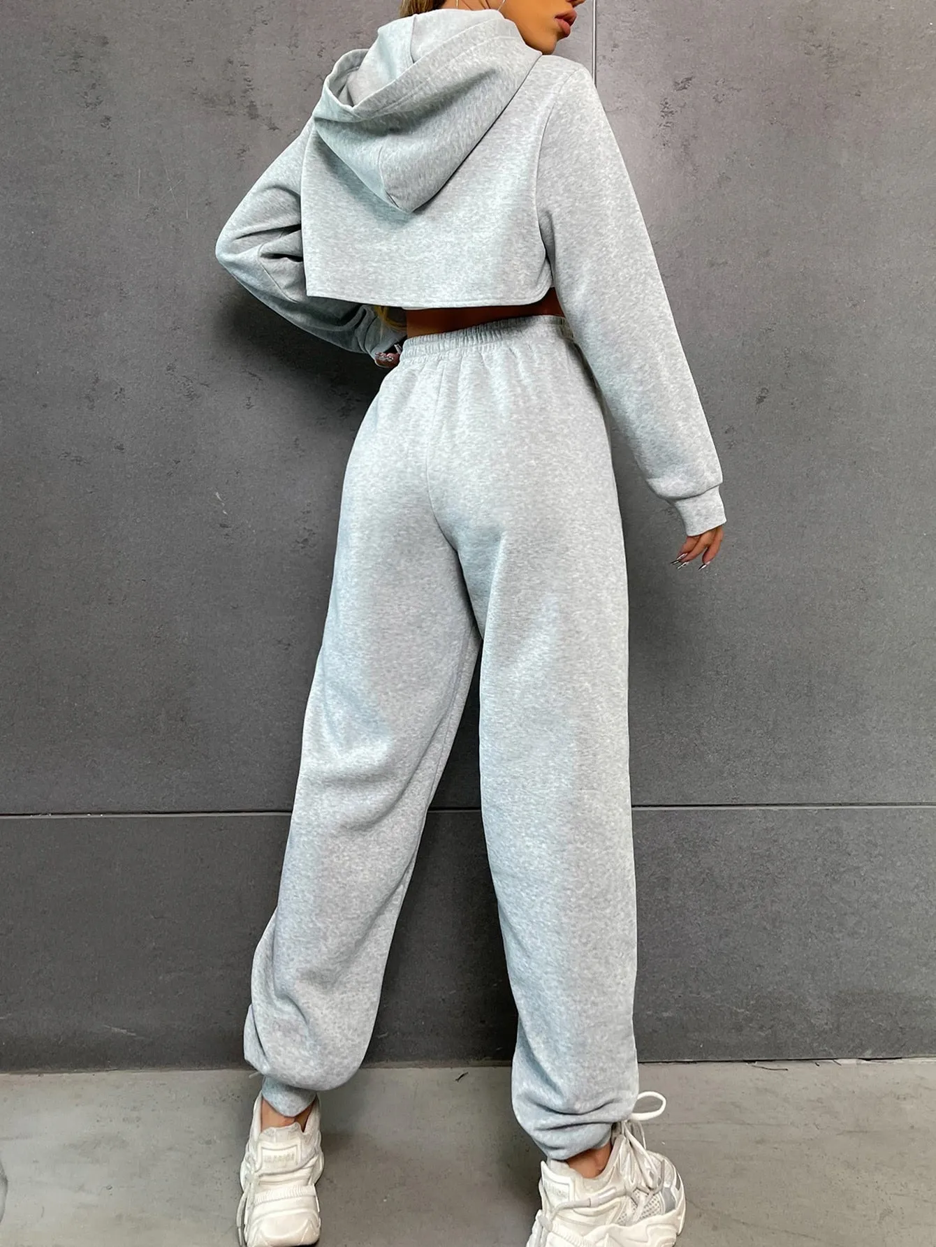 High Low Hem Drawstring Crop Hoodie Sweatpants