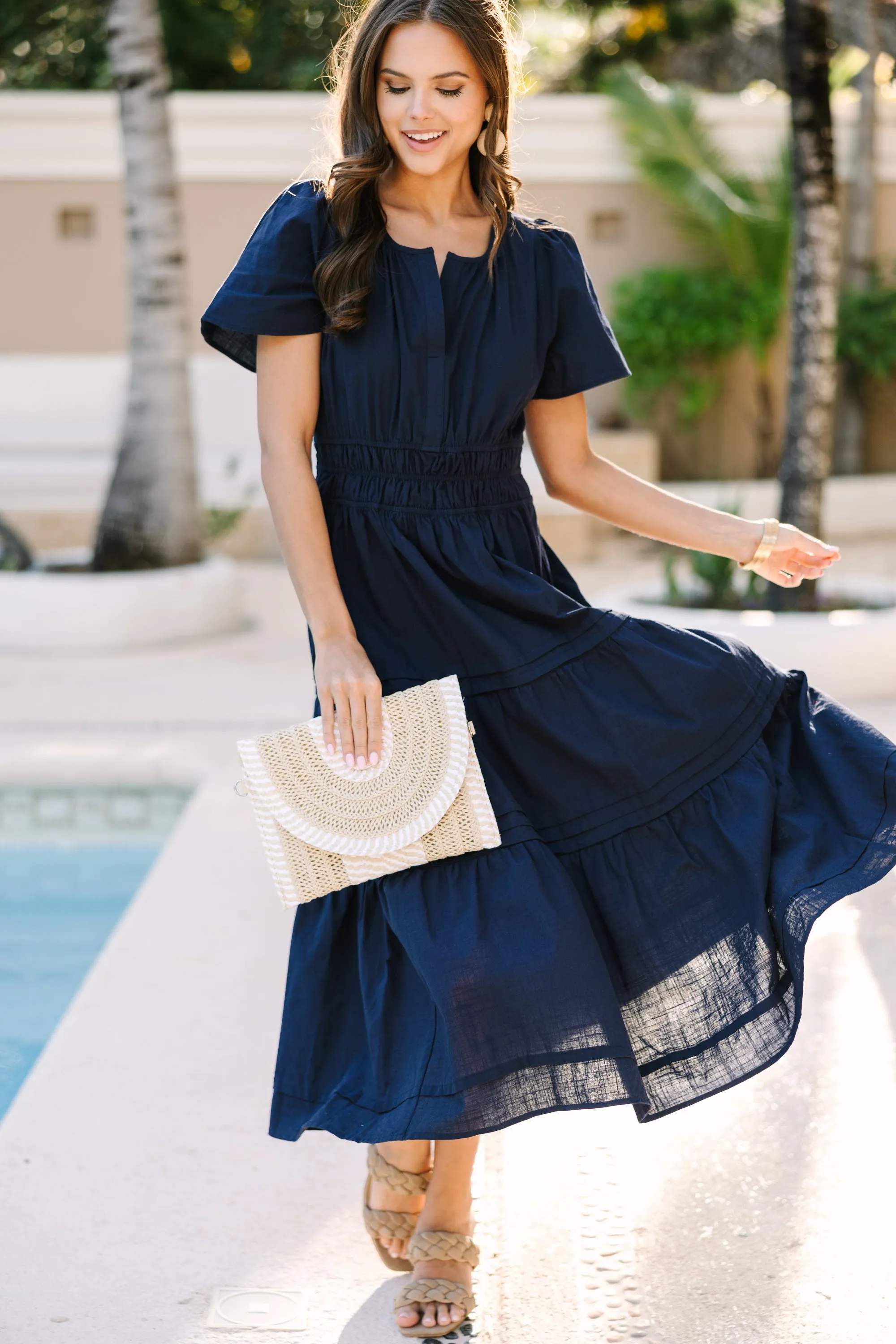 It's In The Air Navy Blue Tiered Midi Dress