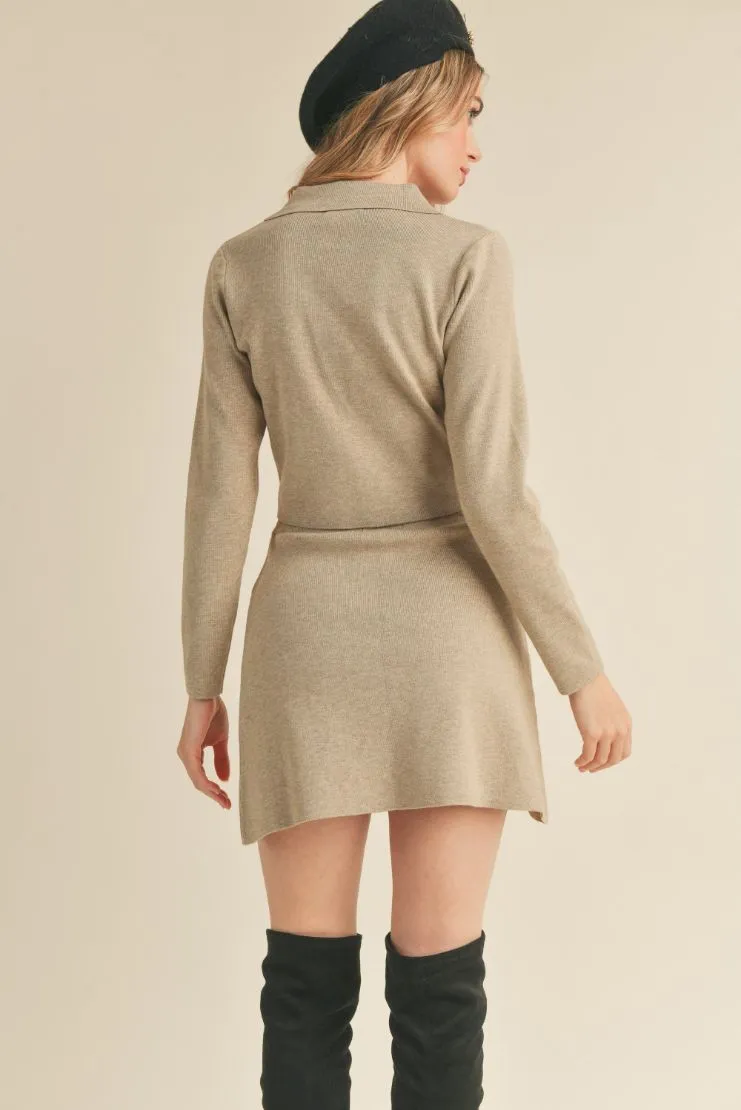 Jane Collared Knit Crop Sweater and Mini Skirt (Sold Separately) - Taupe