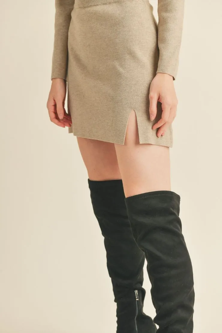 Jane Collared Knit Crop Sweater and Mini Skirt (Sold Separately) - Taupe