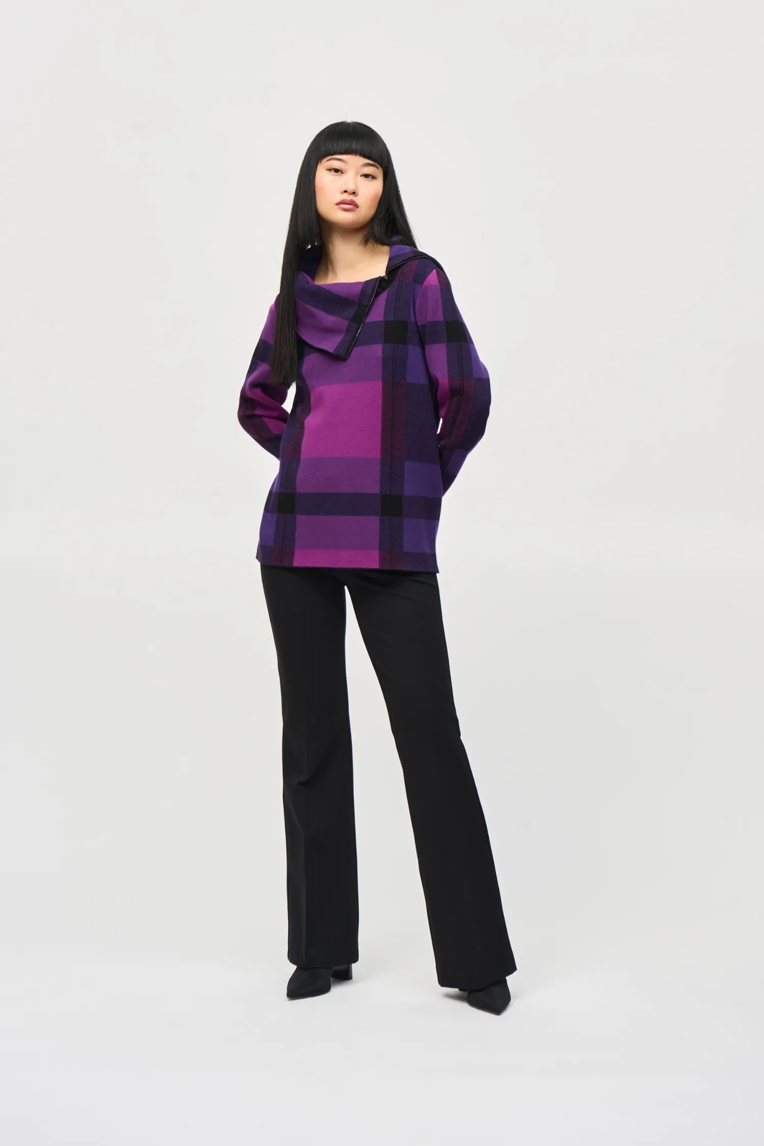 Joseph Ribkoff Plaid Jacquard Cowl Neck Sweater - Style 243943