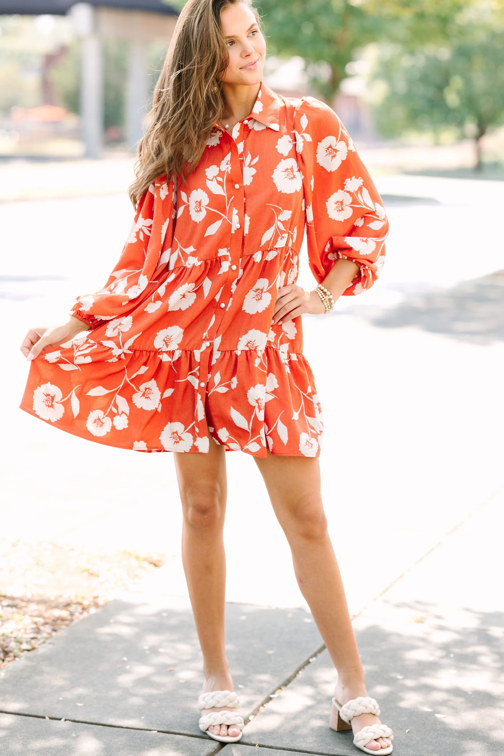 Just Be You Rust Orange Floral Babydoll Dress