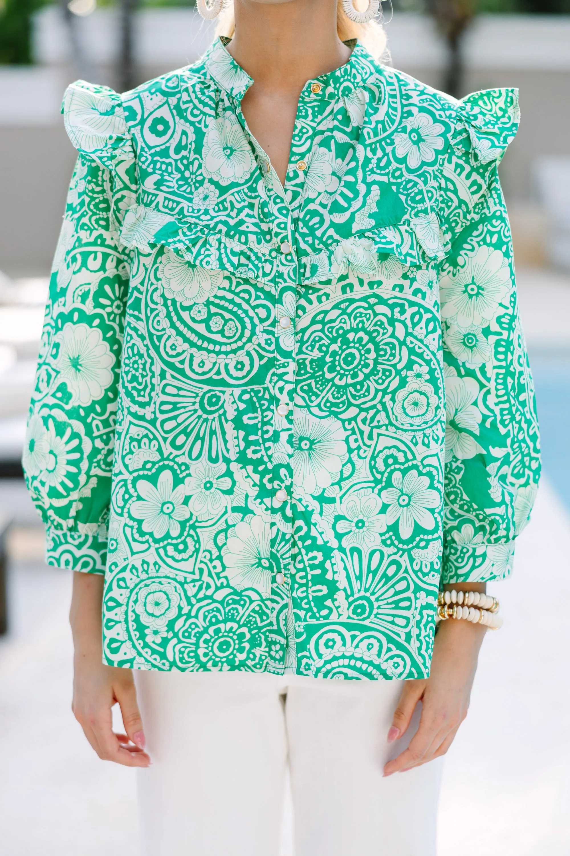 Keep It Up Green Floral Ruffled Blouse