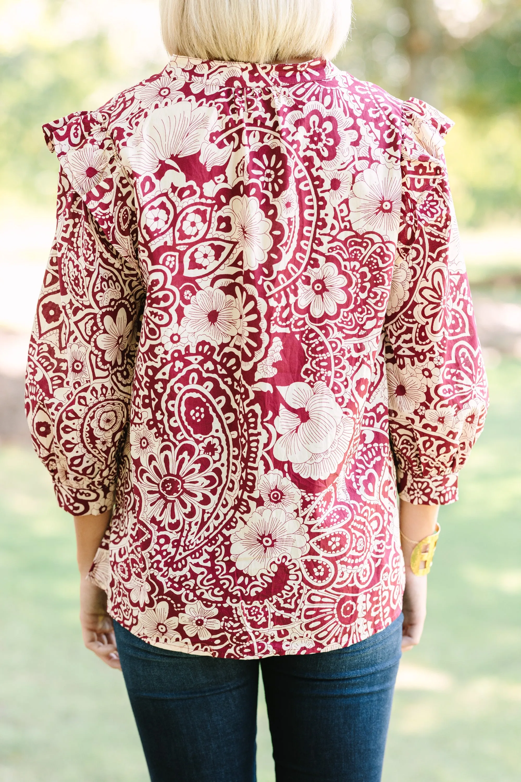 Keep It Up Sangria Red Floral Ruffled Blouse