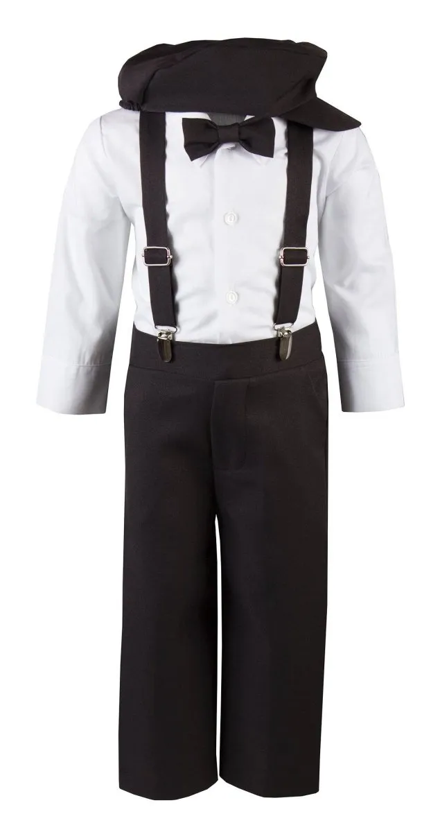 Kids Colored Suspender Pant Set with Pageboy Cap and Bow Tie