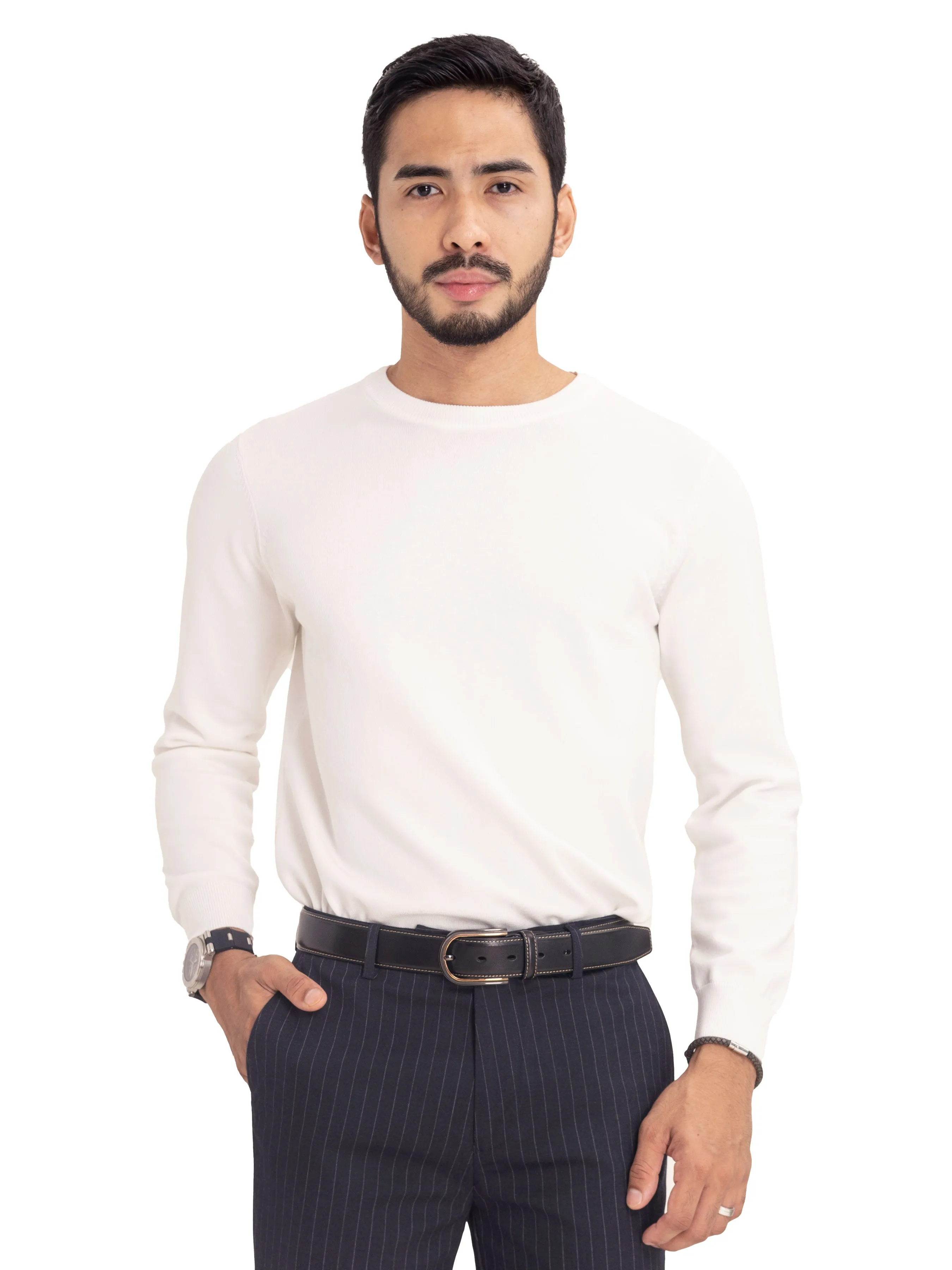 Long Sleeve Crew Neck Sweater - White