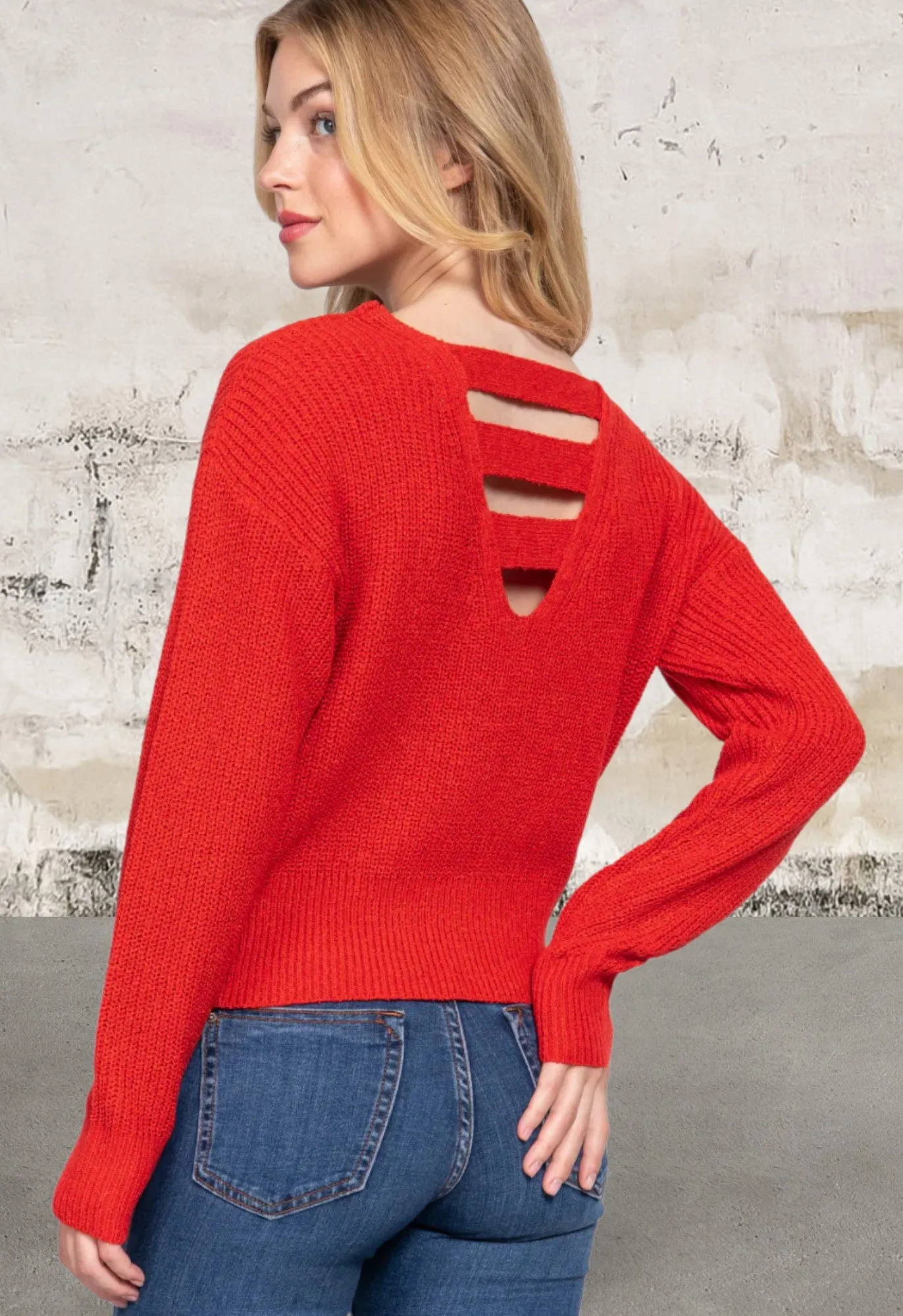 Long Sleeve Orange Strappy Open Back Sweater