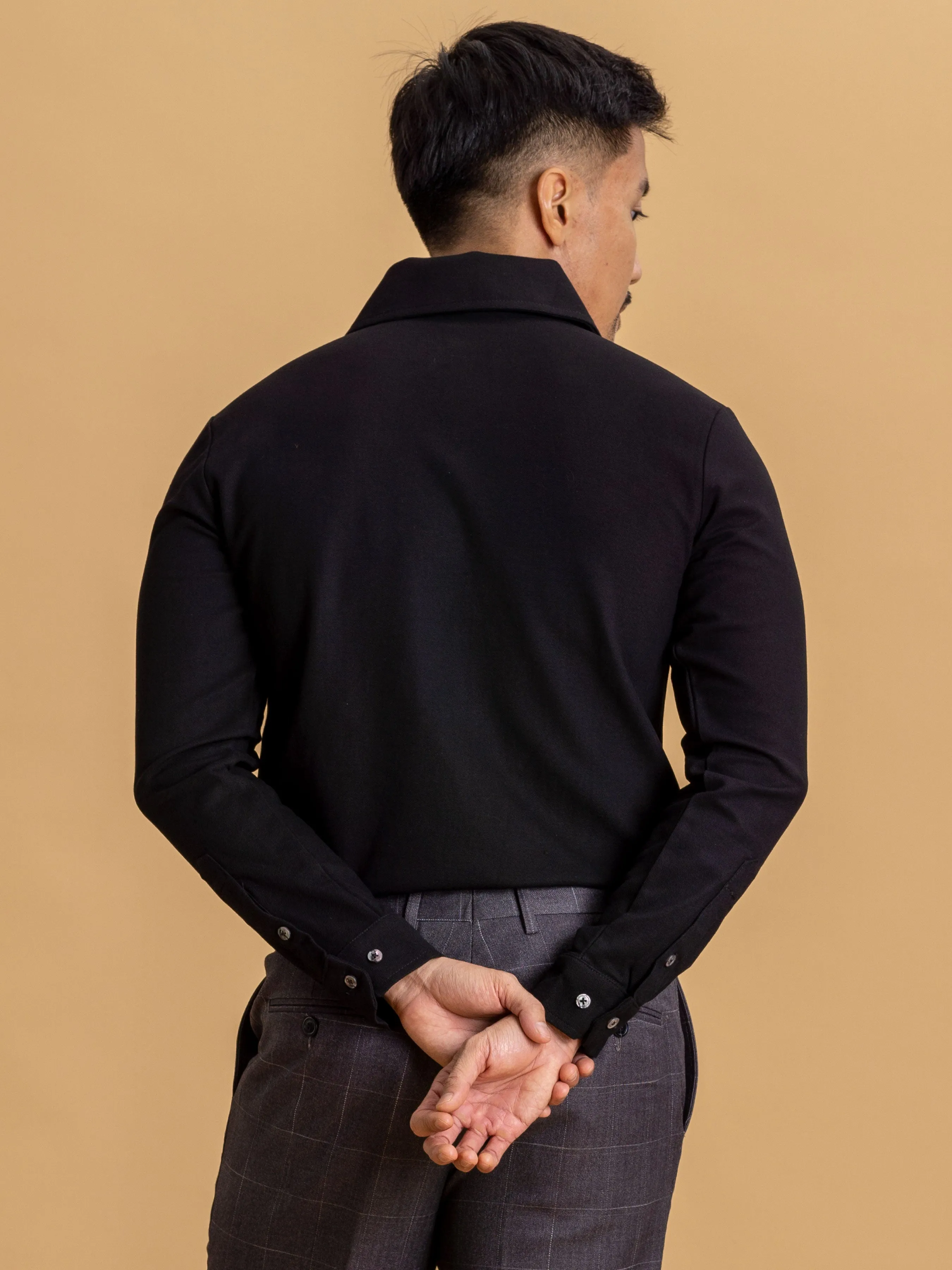 Long Sleeve Polo Shirt - Black One-Piece Collar Single Button