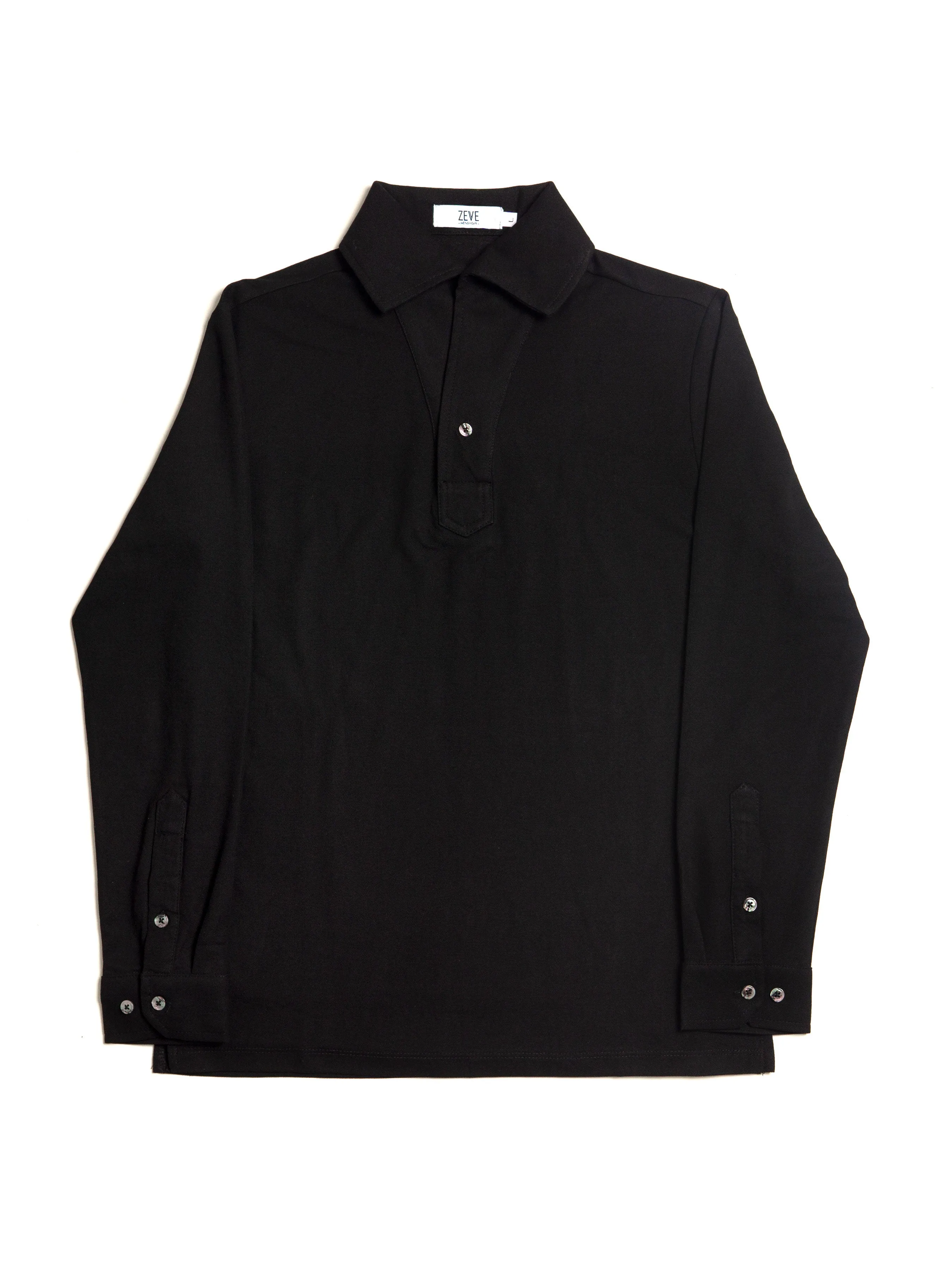 Long Sleeve Polo Shirt - Black One-Piece Collar Single Button