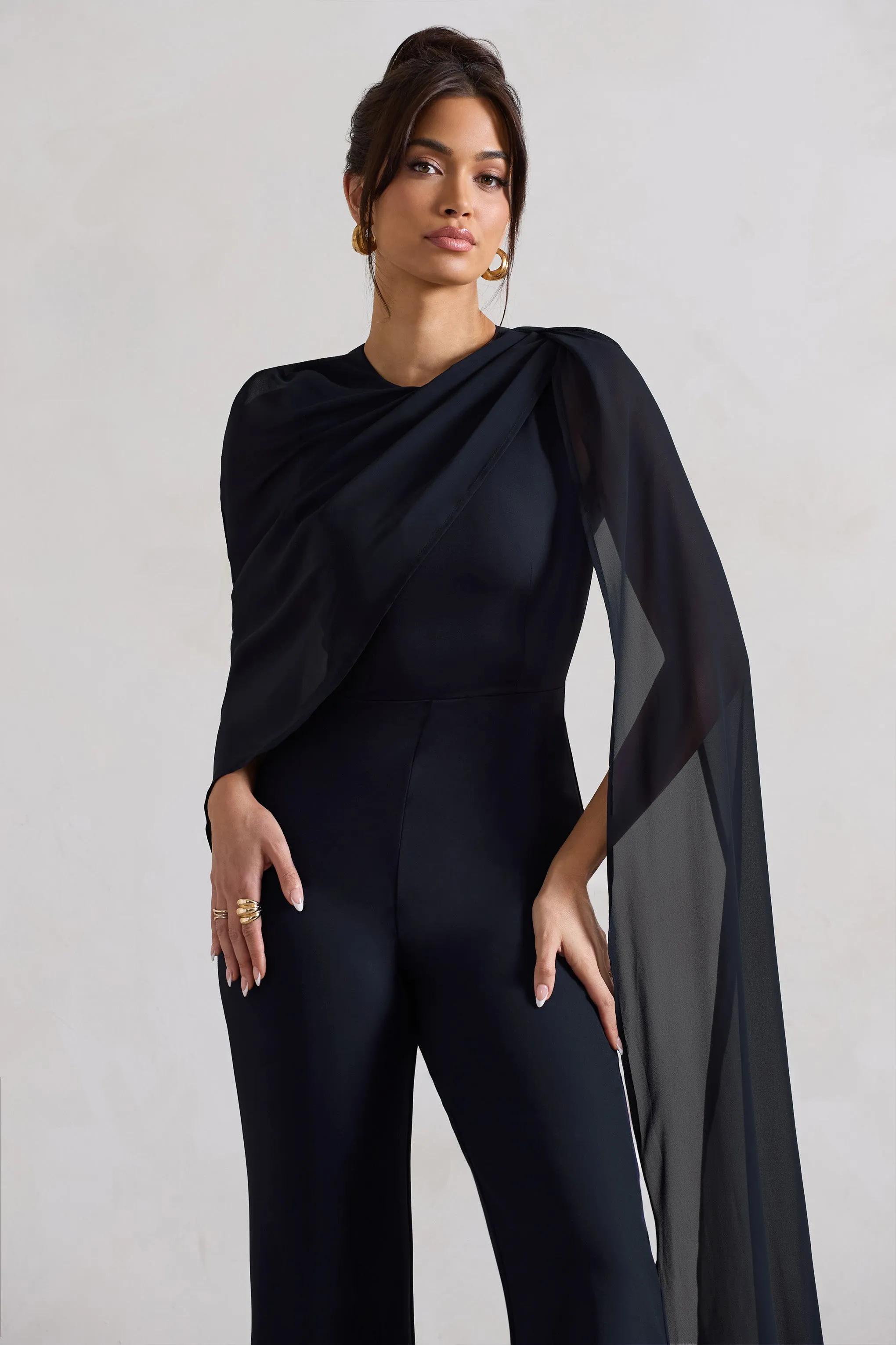 Malina | Navy Straight-Leg Jumpsuit With Chiffon Cape