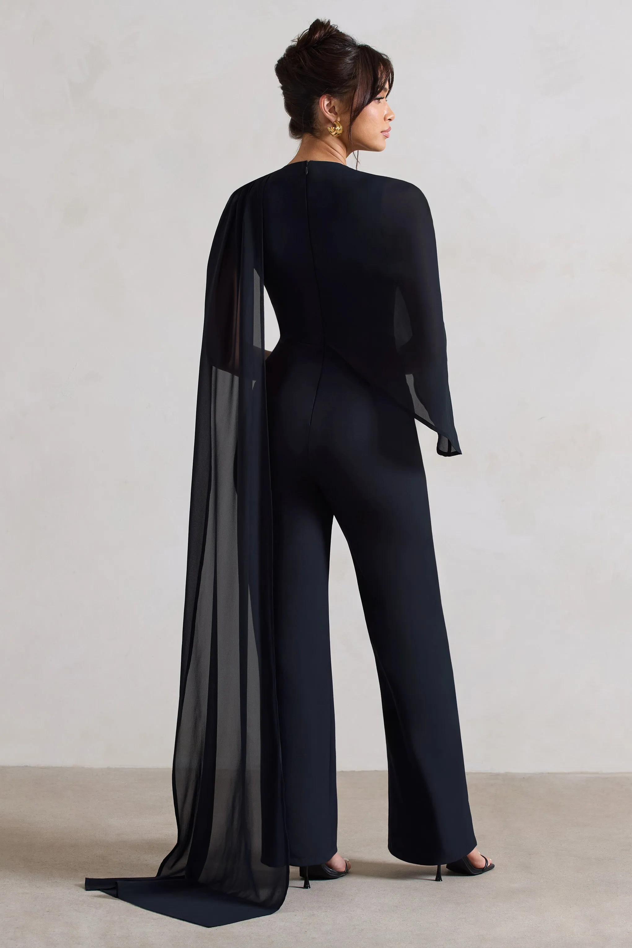 Malina | Navy Straight-Leg Jumpsuit With Chiffon Cape