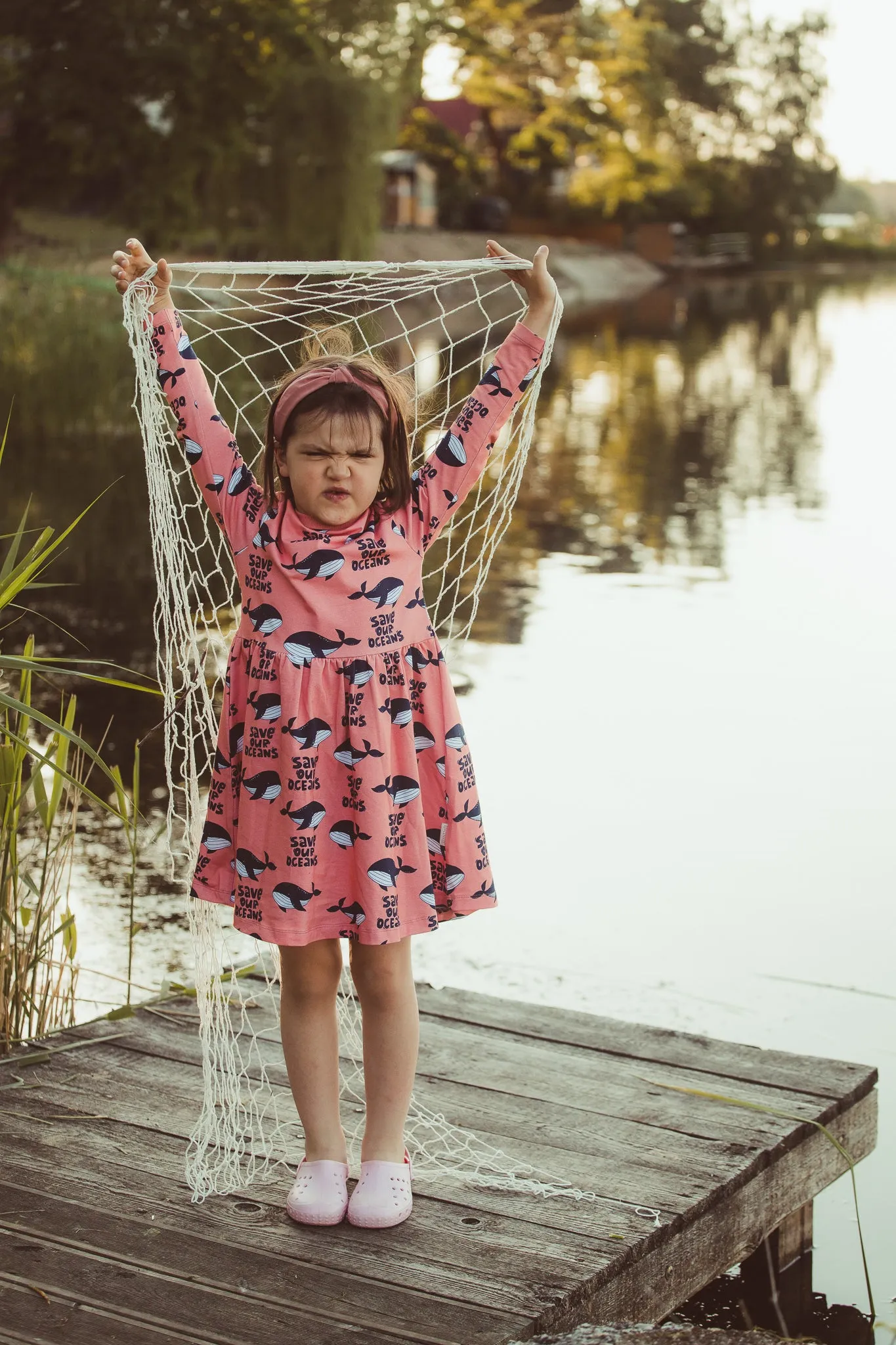 Malinami Whales on Coral Long Sleeved Dress