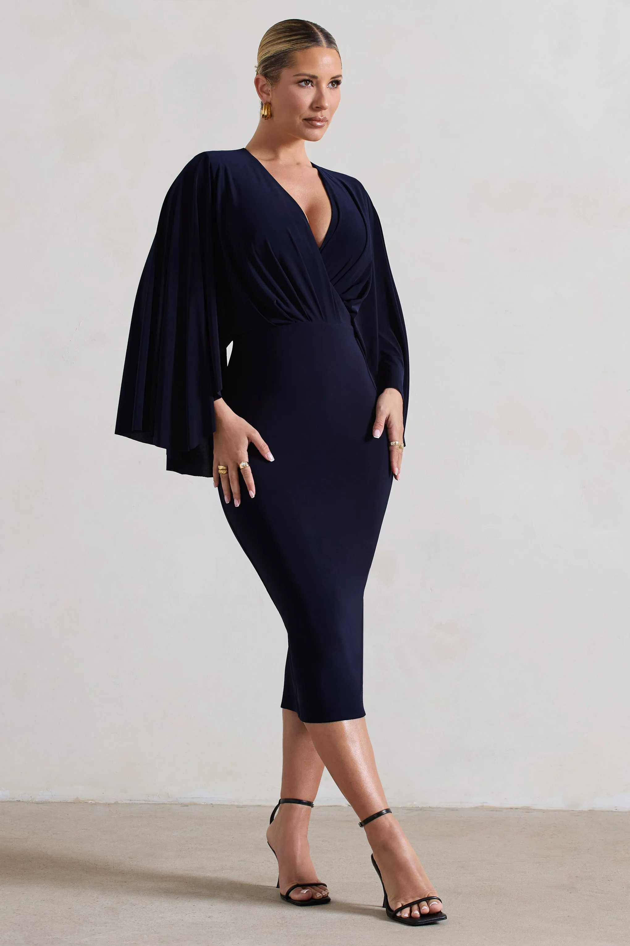 Mishka | Navy Plunge-Neck Cape Midi Dress