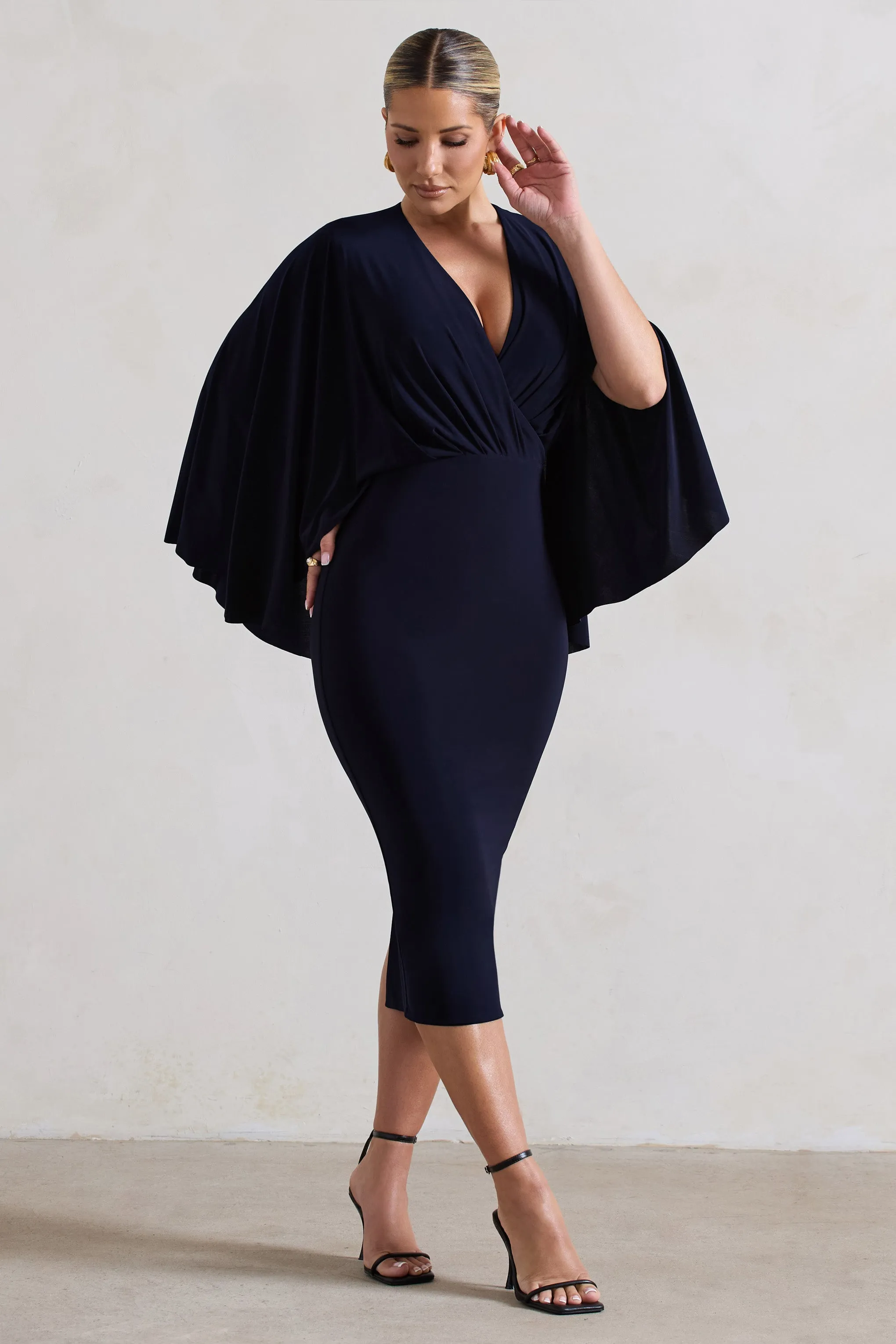 Mishka | Navy Plunge-Neck Cape Midi Dress