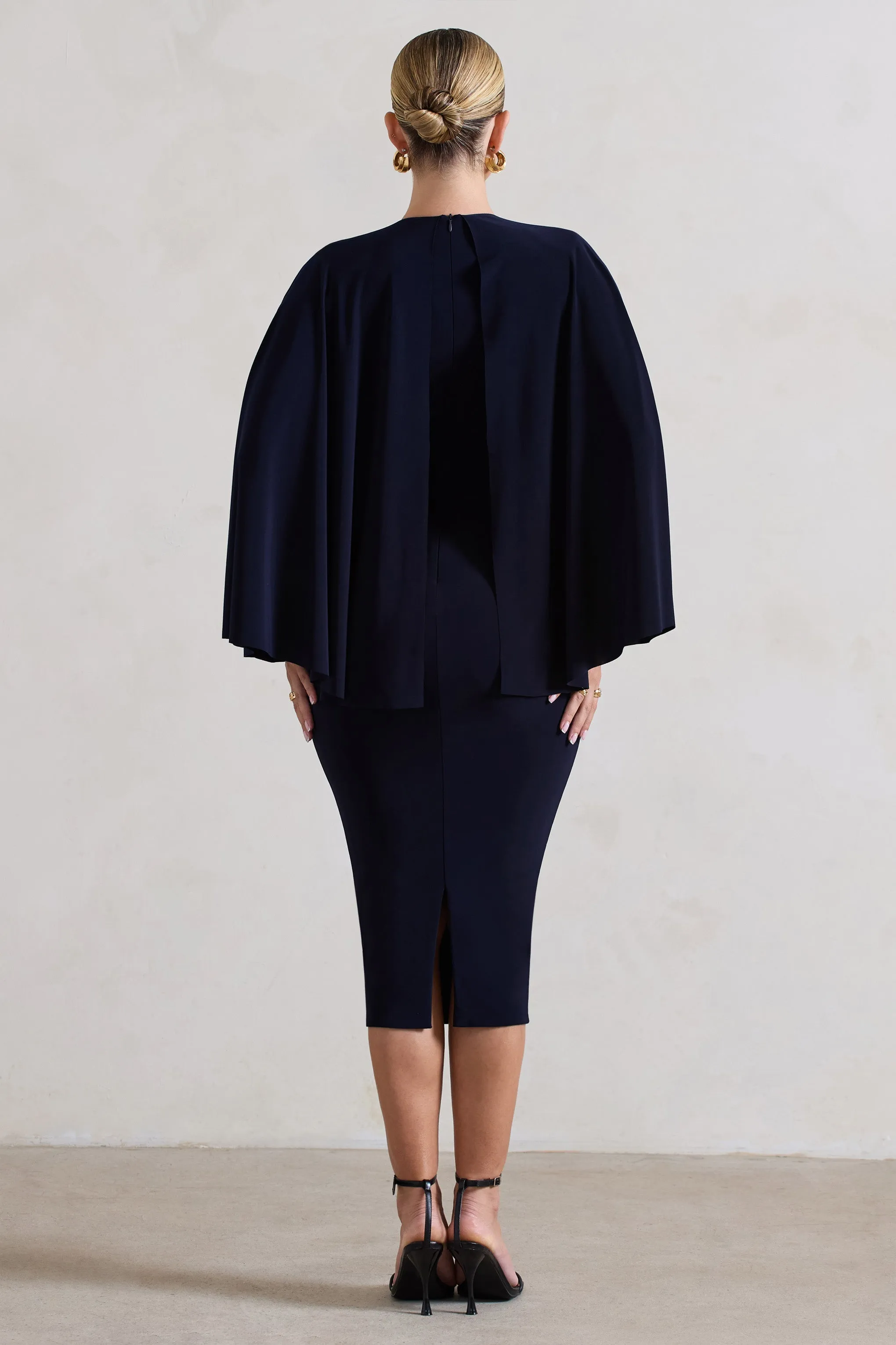 Mishka | Navy Plunge-Neck Cape Midi Dress