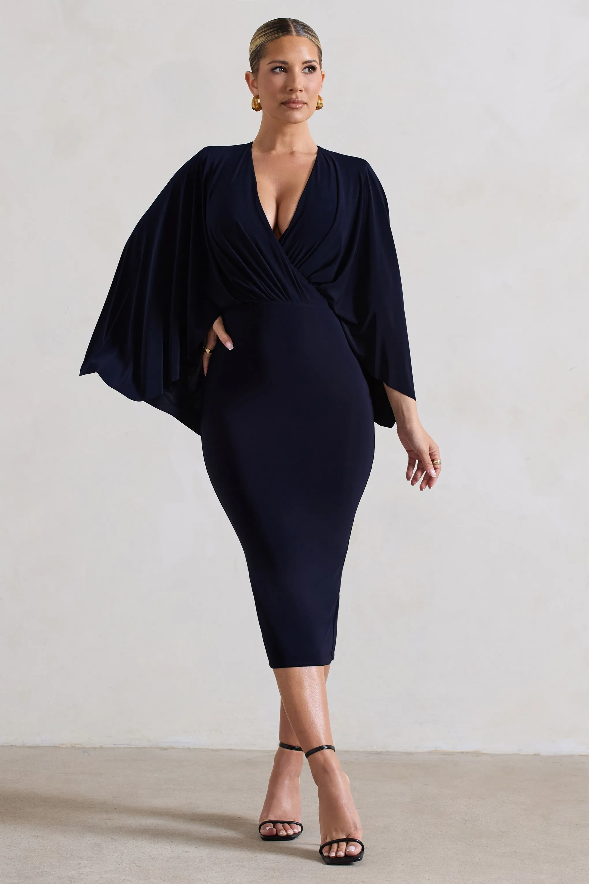 Mishka | Navy Plunge-Neck Cape Midi Dress