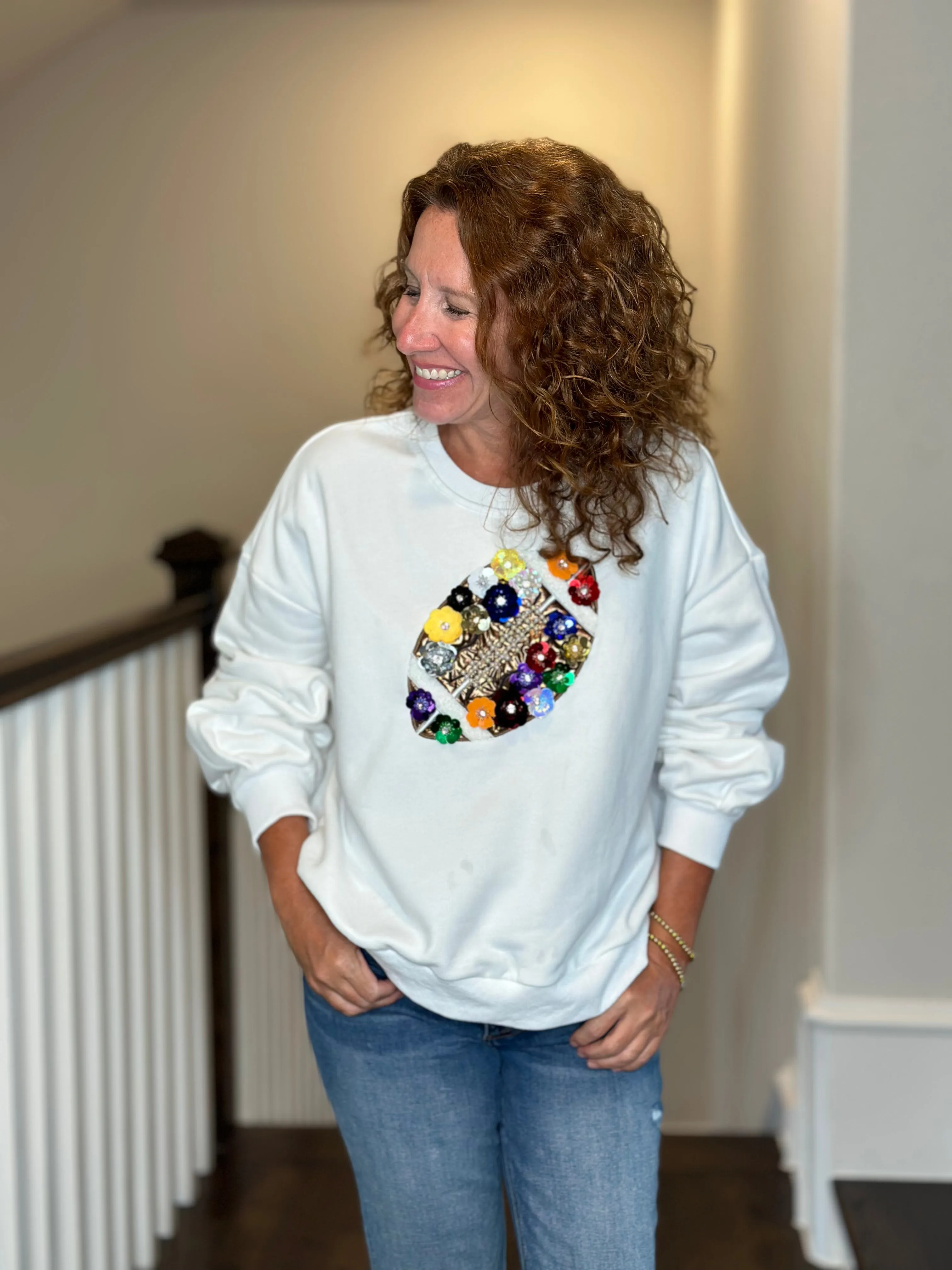 Queen of Sparkles Rainbow Floral Football Sweatshirt