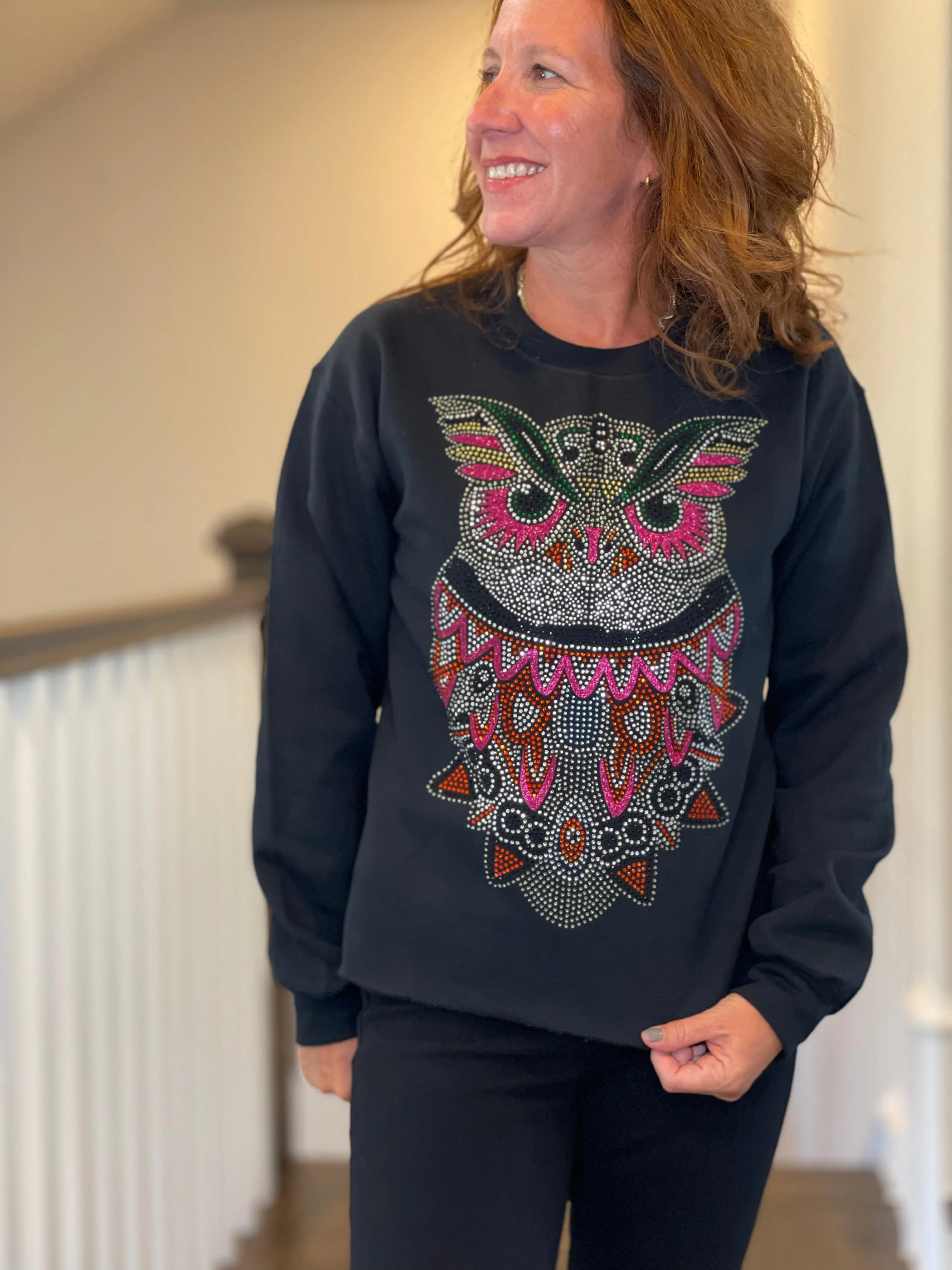 Rhinestone Owl Sweatshirt in Black