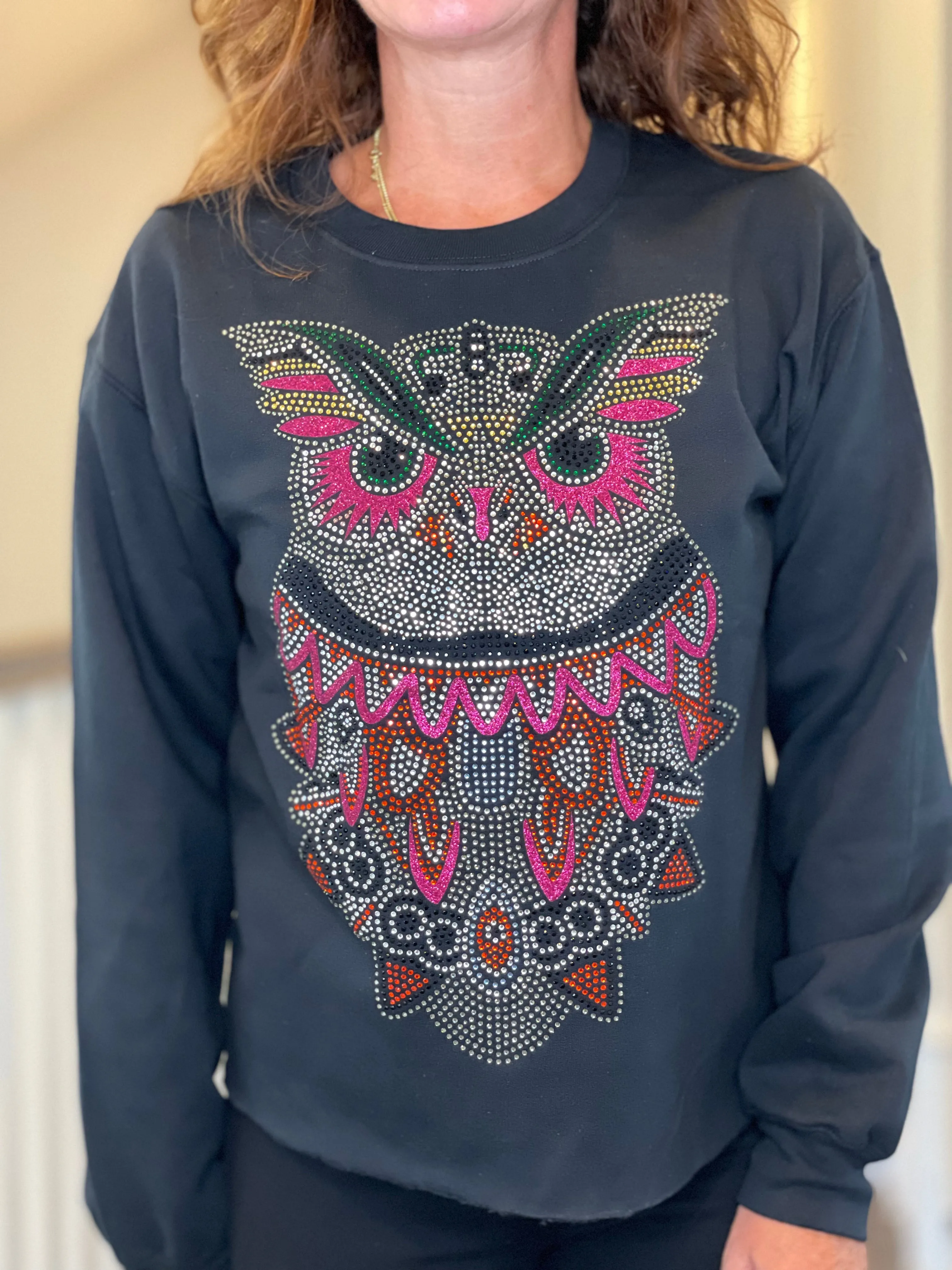 Rhinestone Owl Sweatshirt in Black