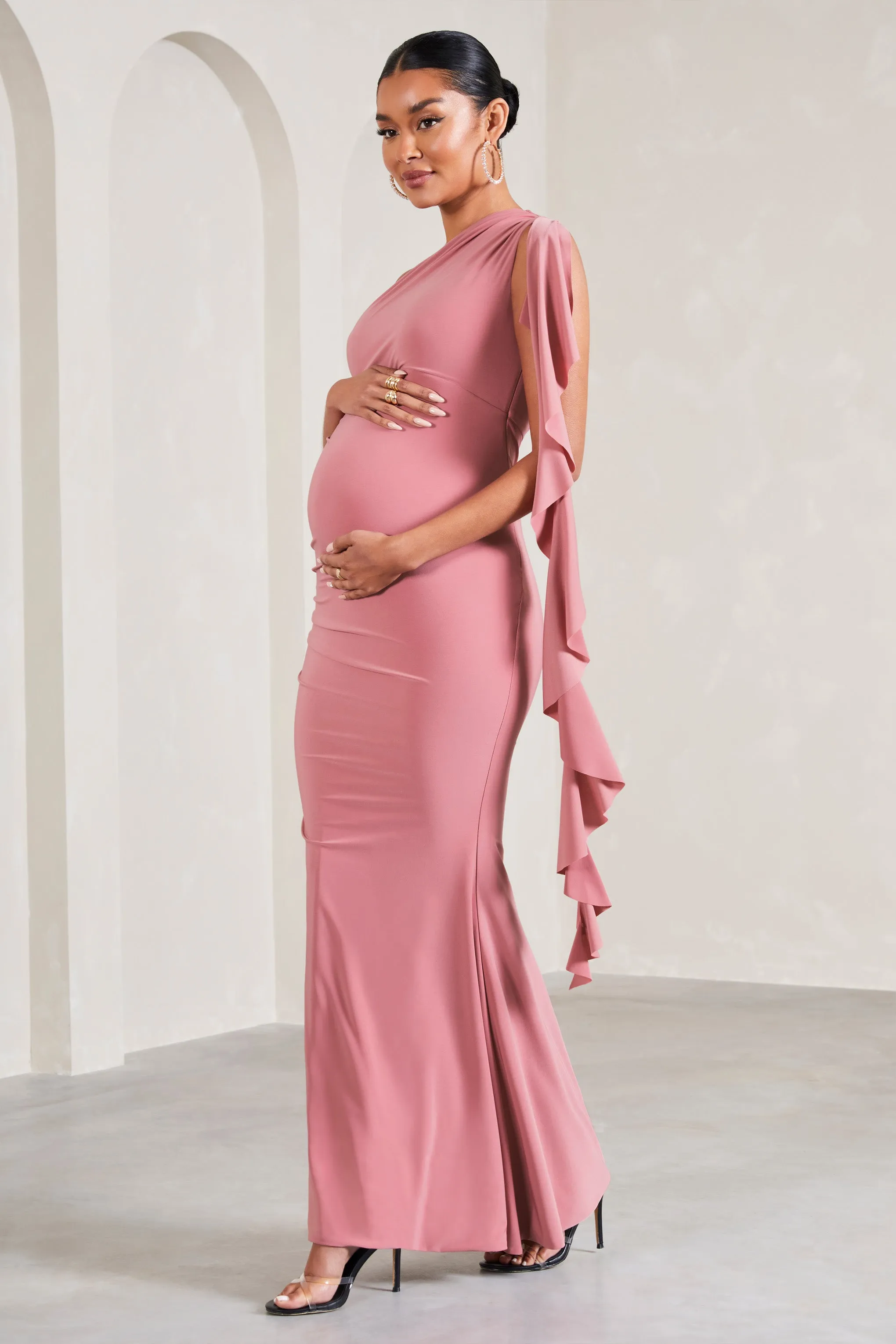 Rosalie | Blush Pink One-Shoulder Maternity Maxi Dress With Ruffles