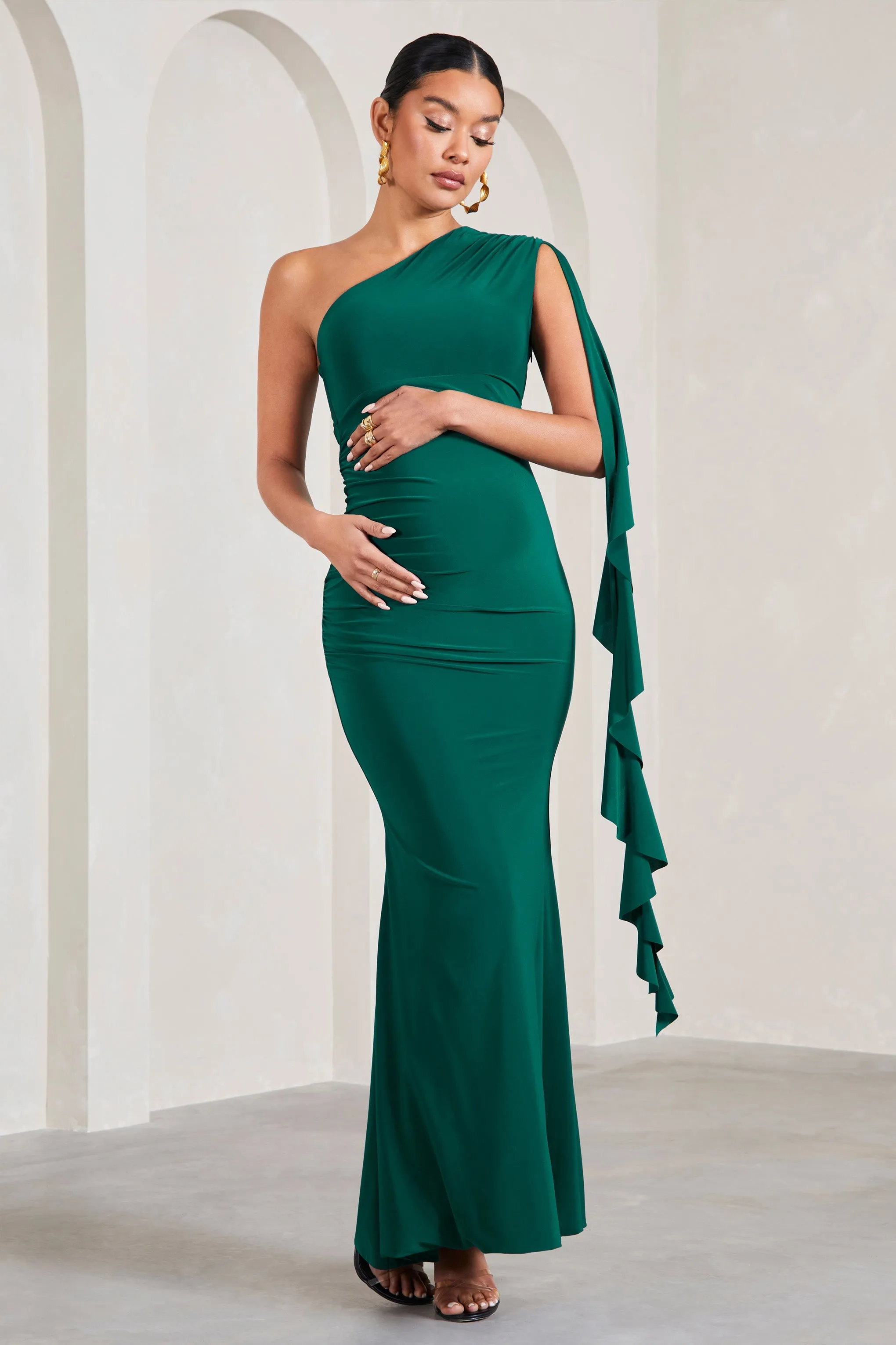 Rosalie | Bottle Green One-Shoulder Maternity Maxi Dress With Ruffles