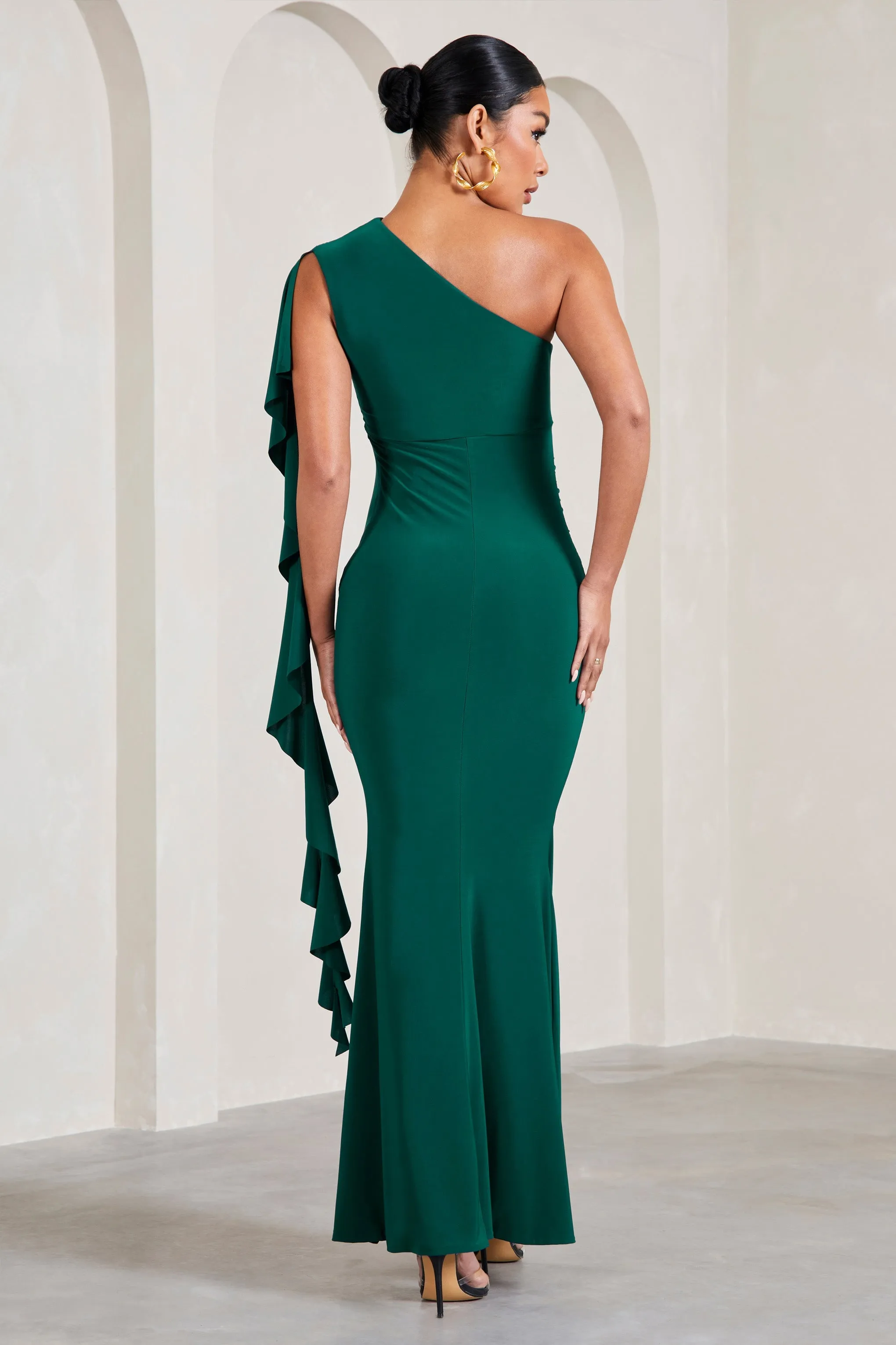 Rosalie | Bottle Green One-Shoulder Maternity Maxi Dress With Ruffles