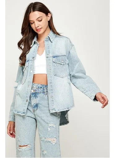 Shaina Oversized Distressed Denim Collared Shacket