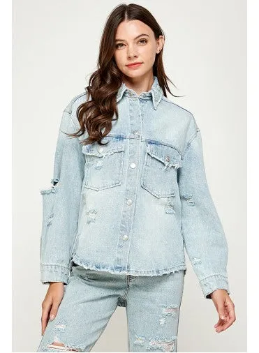 Shaina Oversized Distressed Denim Collared Shacket