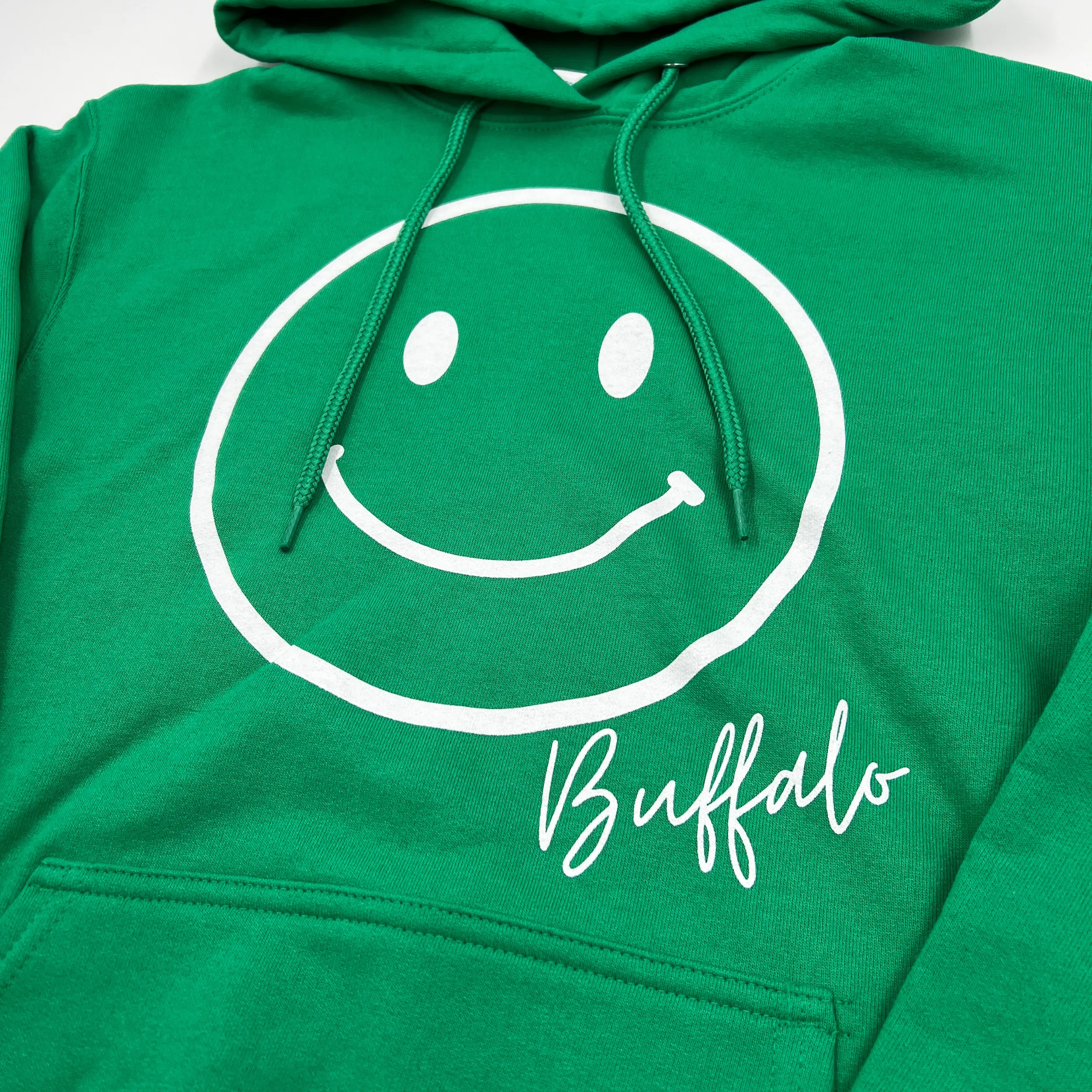 Smiley Face With Buffalo Wordmark Green Hoodie