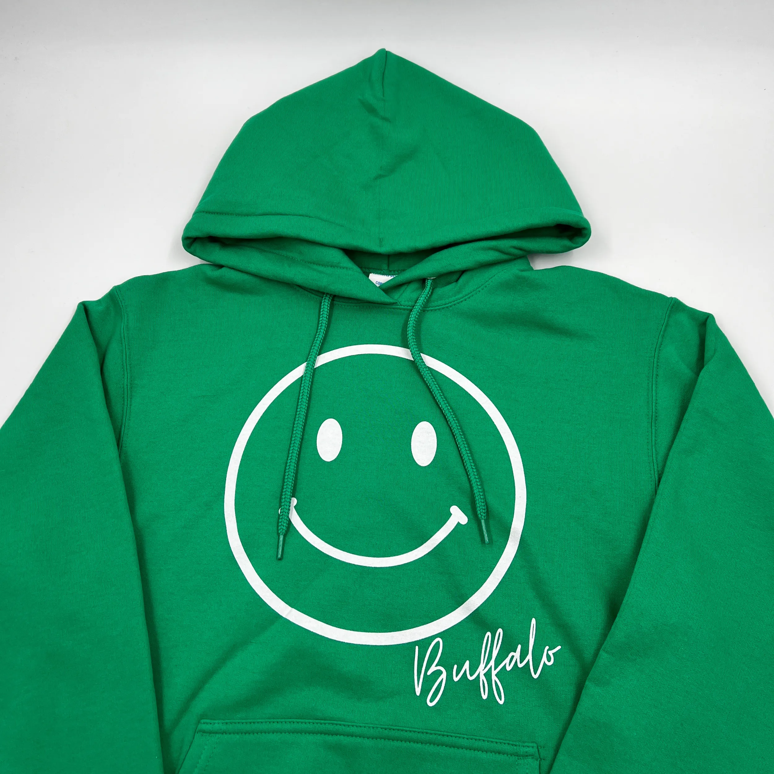 Smiley Face With Buffalo Wordmark Green Hoodie