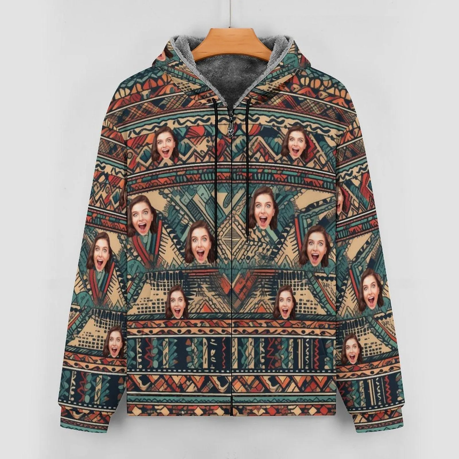 [Thick and Warm]Custom Face Bohemian Style Full Zip Hoodie Double Layer Fleece Thickened Jacket