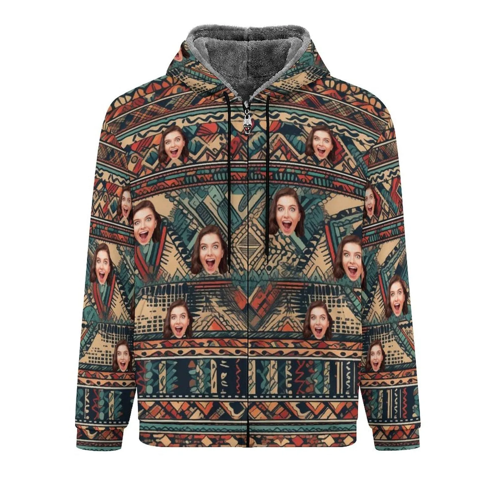 [Thick and Warm]Custom Face Bohemian Style Full Zip Hoodie Double Layer Fleece Thickened Jacket