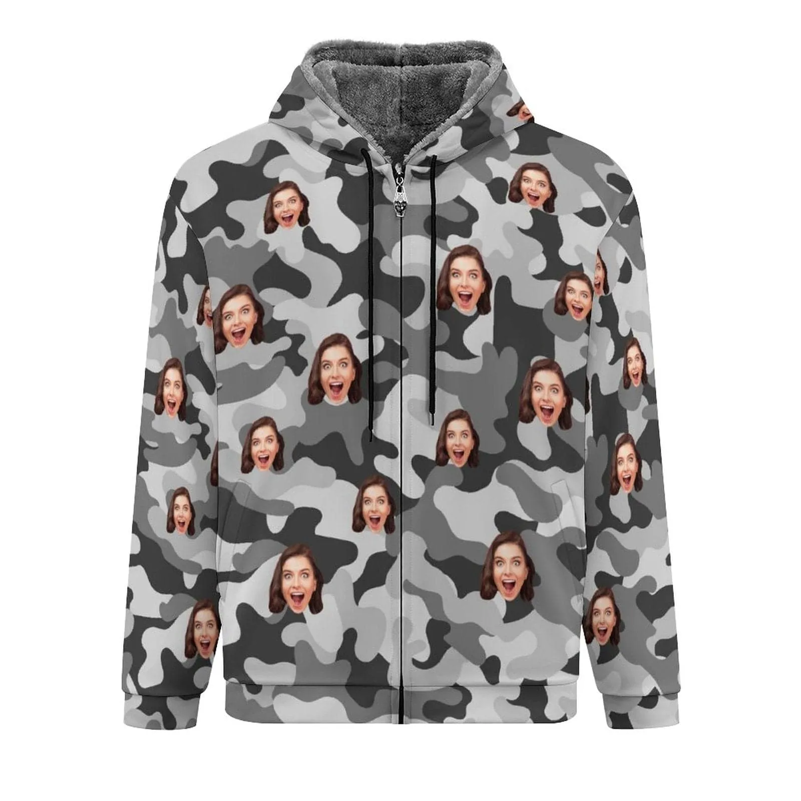 [Thick and Warm]Custom Face Camouflage Full Zip Hoodie Double Layer Fleece Thickened Jacket