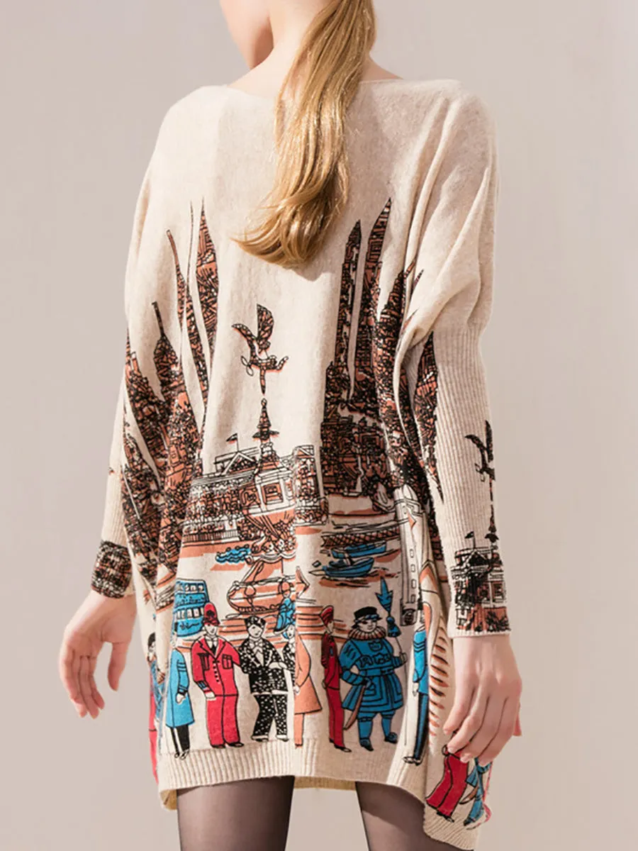 Women Casual Print Batwing Sleeve Sweater