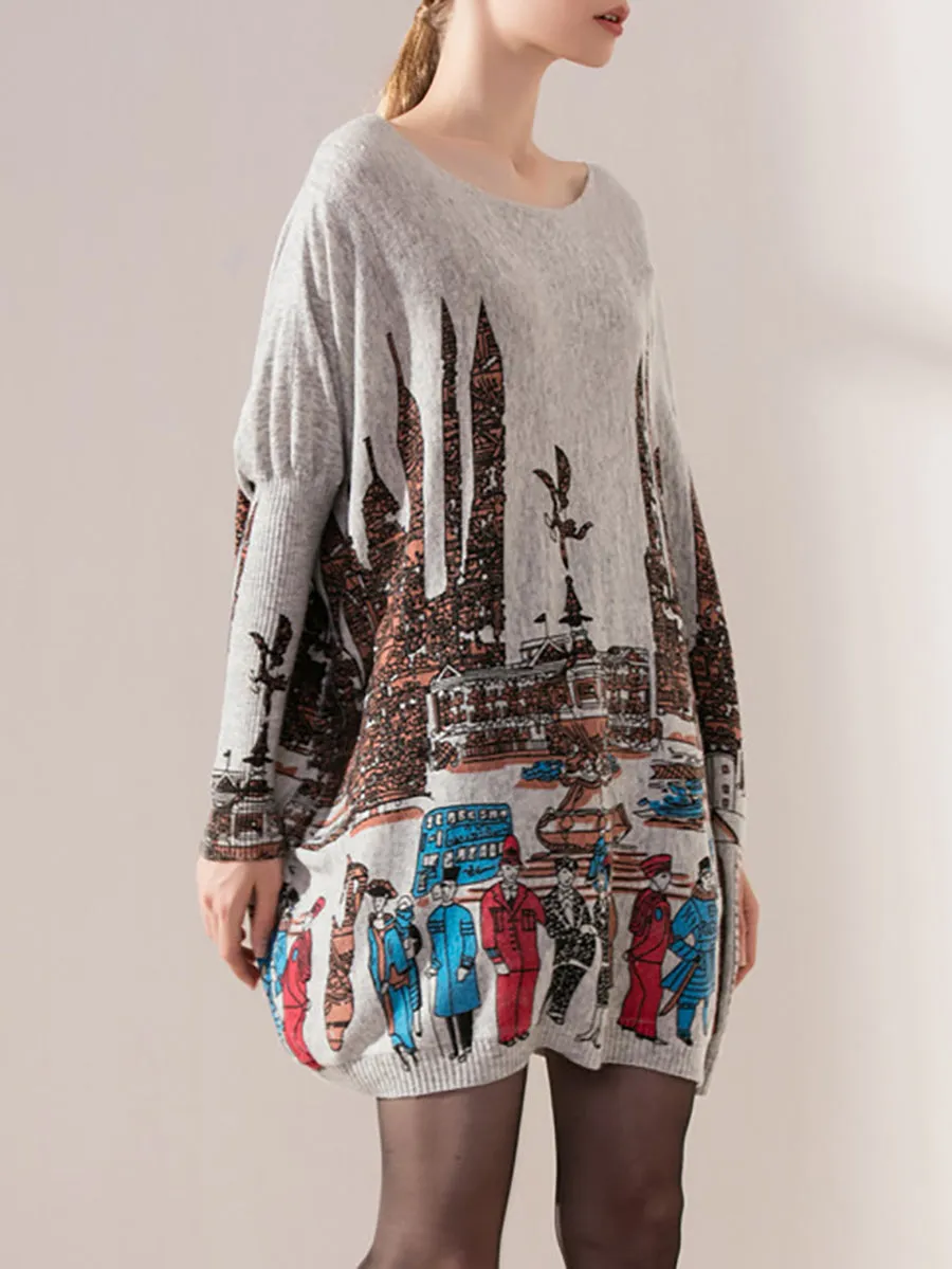 Women Casual Print Batwing Sleeve Sweater