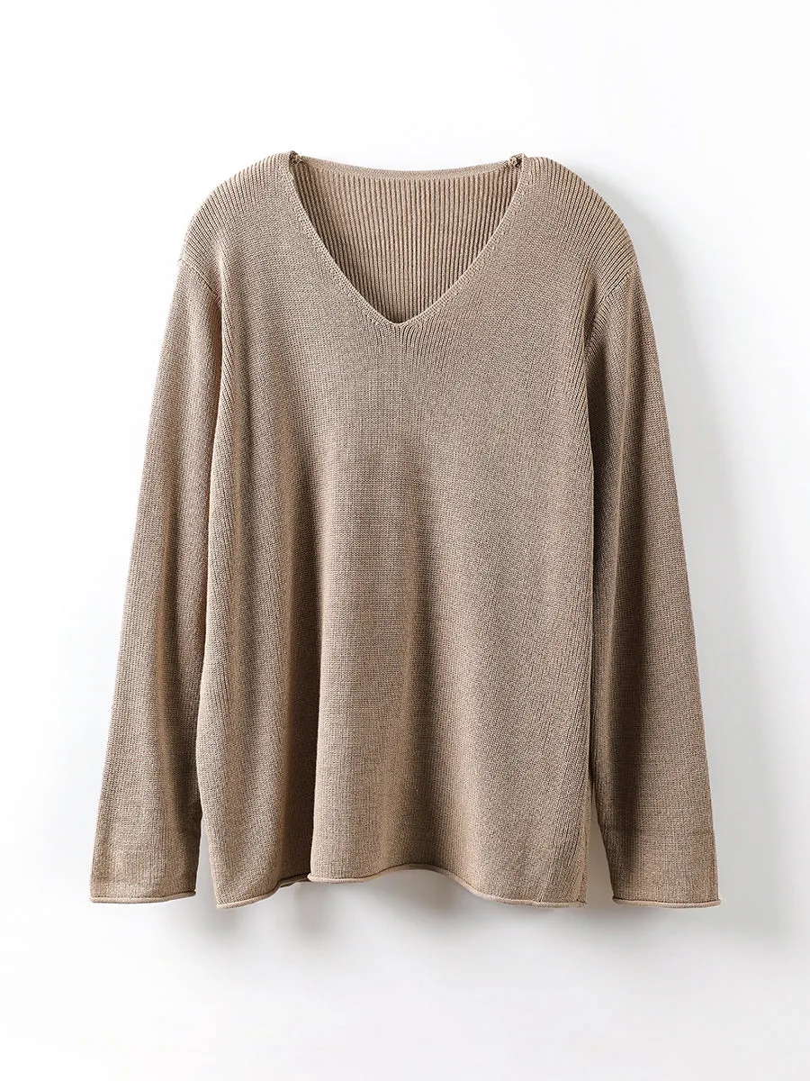 Women Casual V-Neck Solid Knitted Loose Sweater