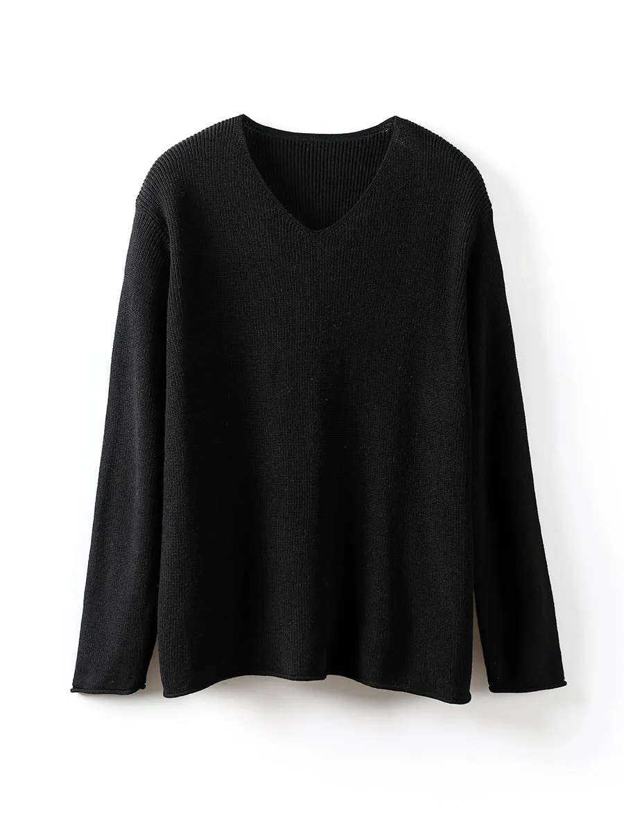 Women Casual V-Neck Solid Knitted Loose Sweater